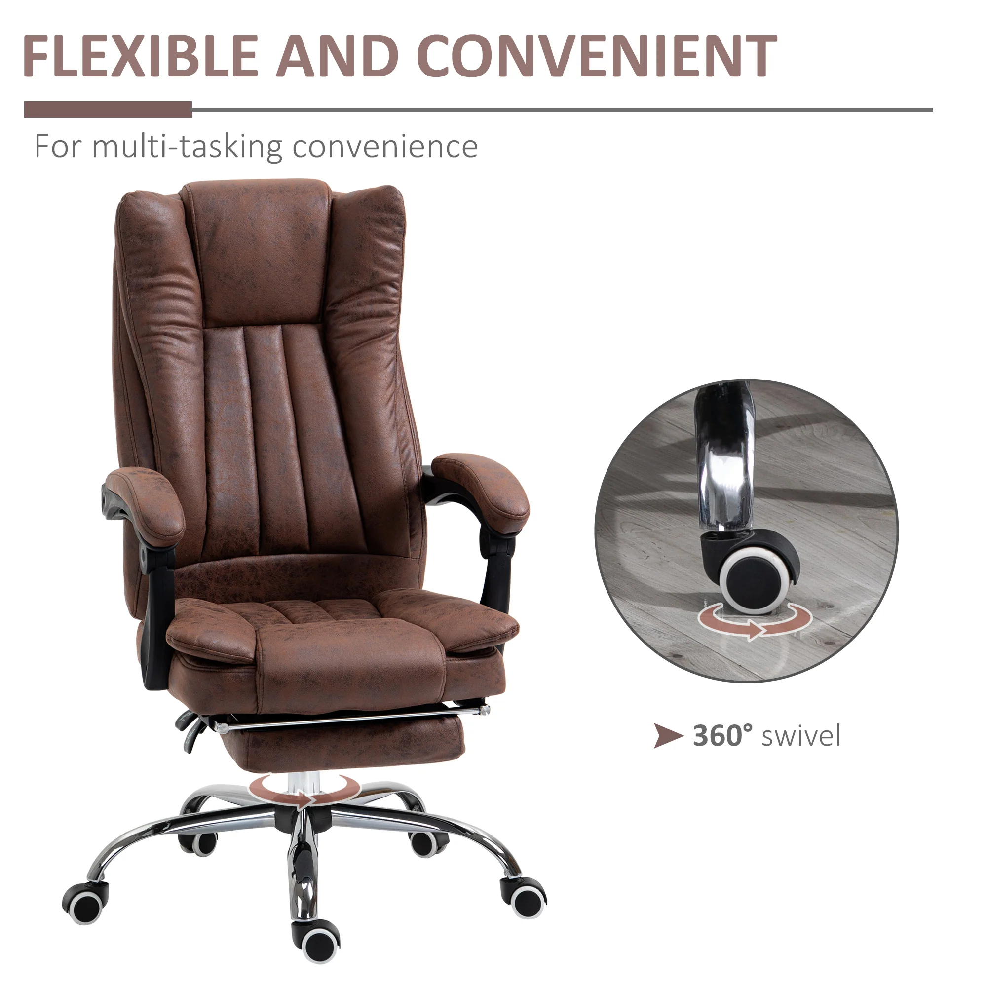 Microfibre Reclining Computer Desk Chair with Footrest & Wheels for Home Office, Brown - Image 8