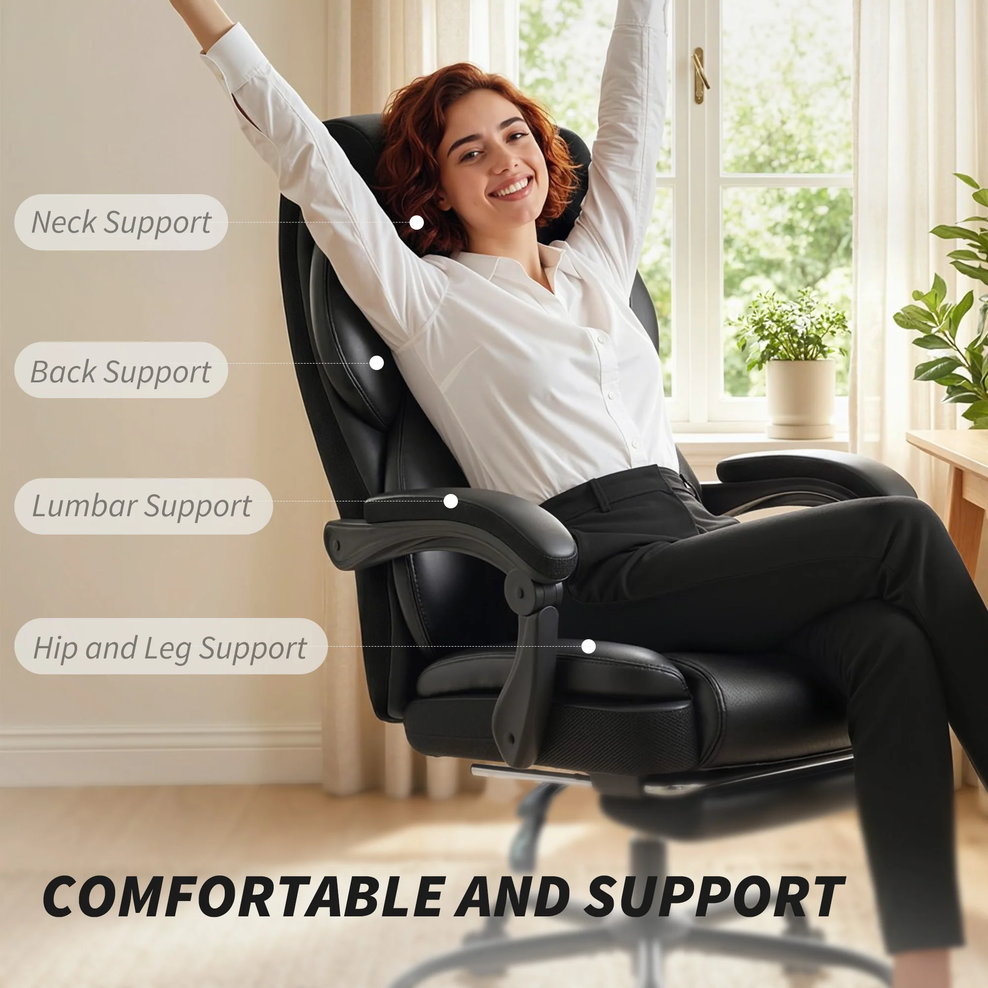 ErgoFlex Reclining PU Leather Office Chair with Footrest, Black - Image 6