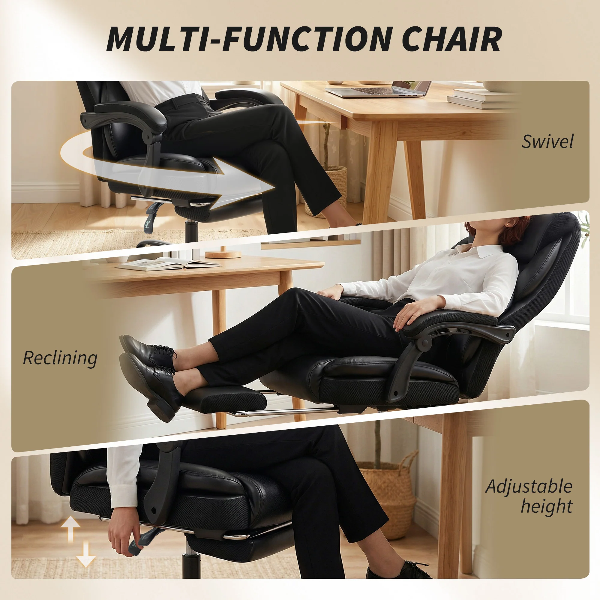ErgoFlex Reclining PU Leather Office Chair with Footrest, Black - Image 8