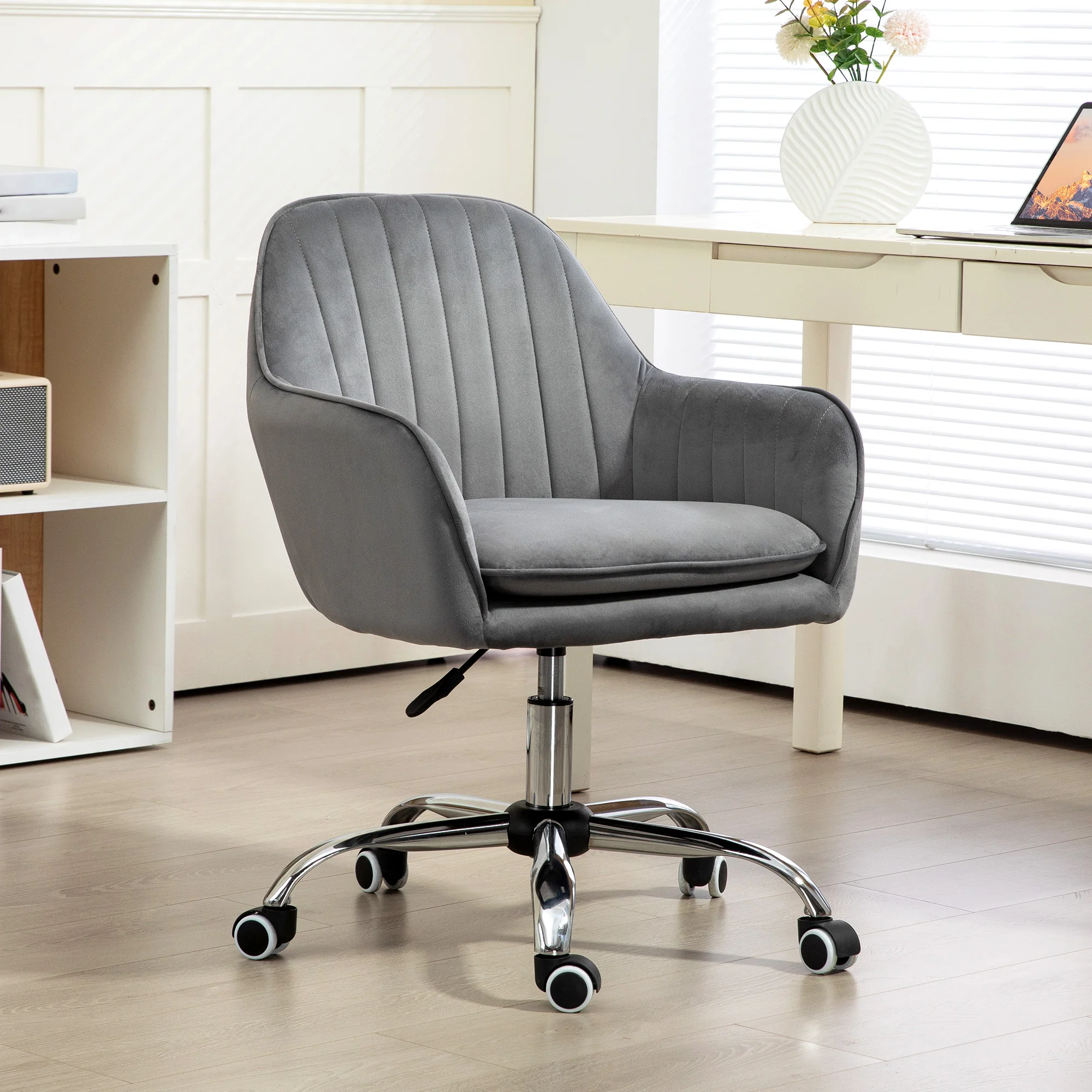 Velvet-Feel Swivel Desk Chair, Makeup Vanity Chair with Height Adjustable & Wheels, Grey - Image 3