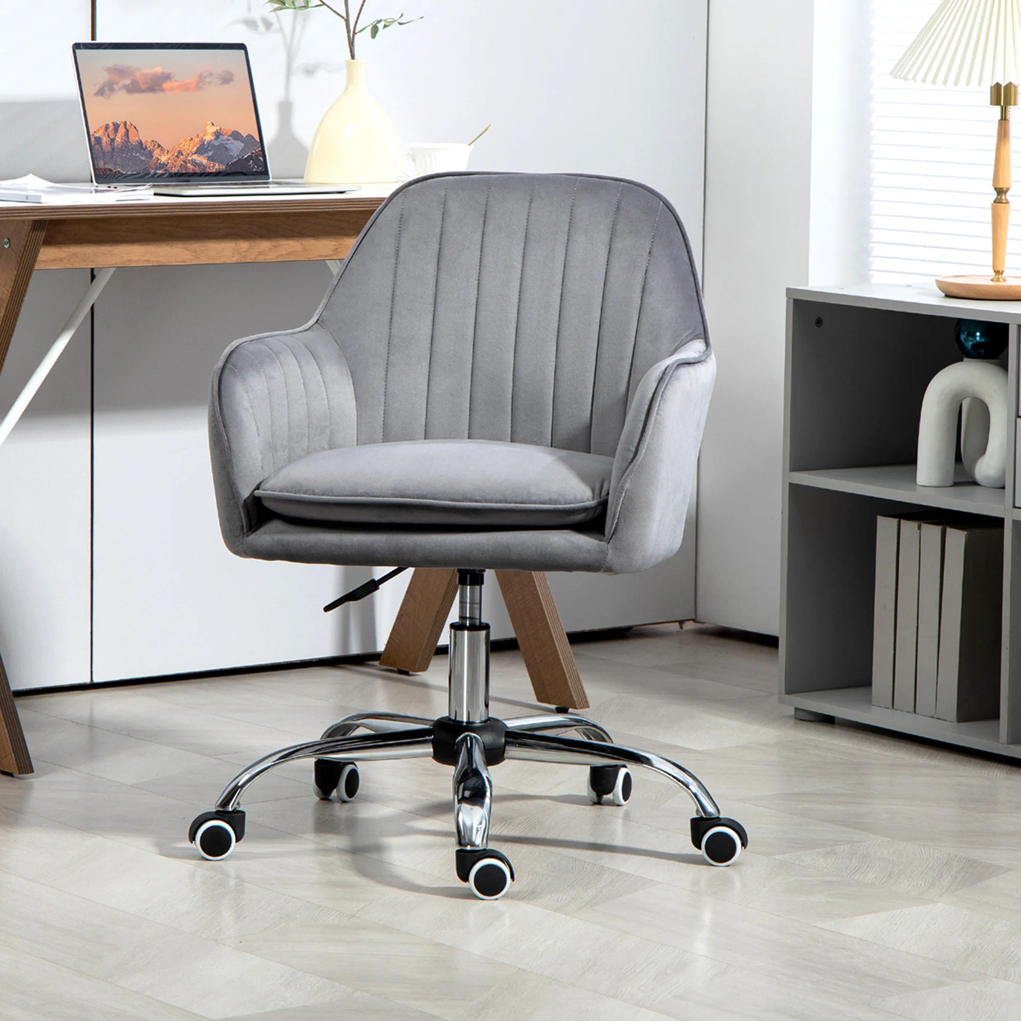 Velvet-Feel Swivel Desk Chair, Makeup Vanity Chair with Height Adjustable & Wheels, Grey - Image 4