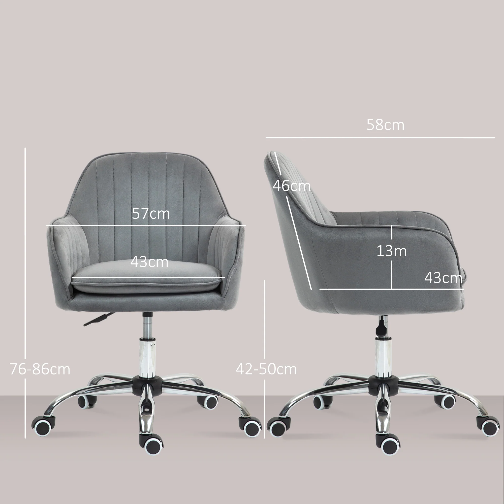 Velvet-Feel Swivel Desk Chair, Makeup Vanity Chair with Height Adjustable & Wheels, Grey - Image 5