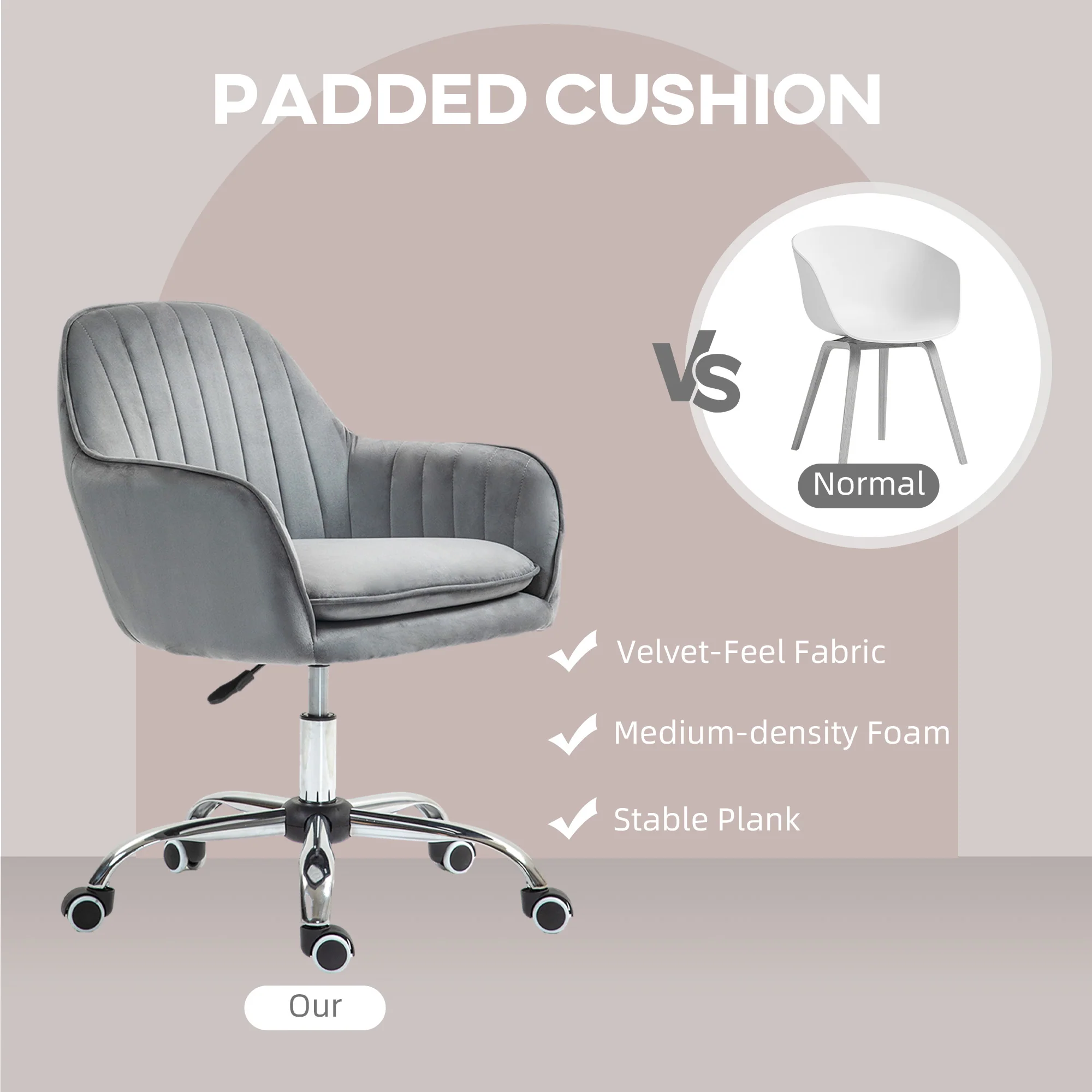 Velvet-Feel Swivel Desk Chair, Makeup Vanity Chair with Height Adjustable & Wheels, Grey - Image 6