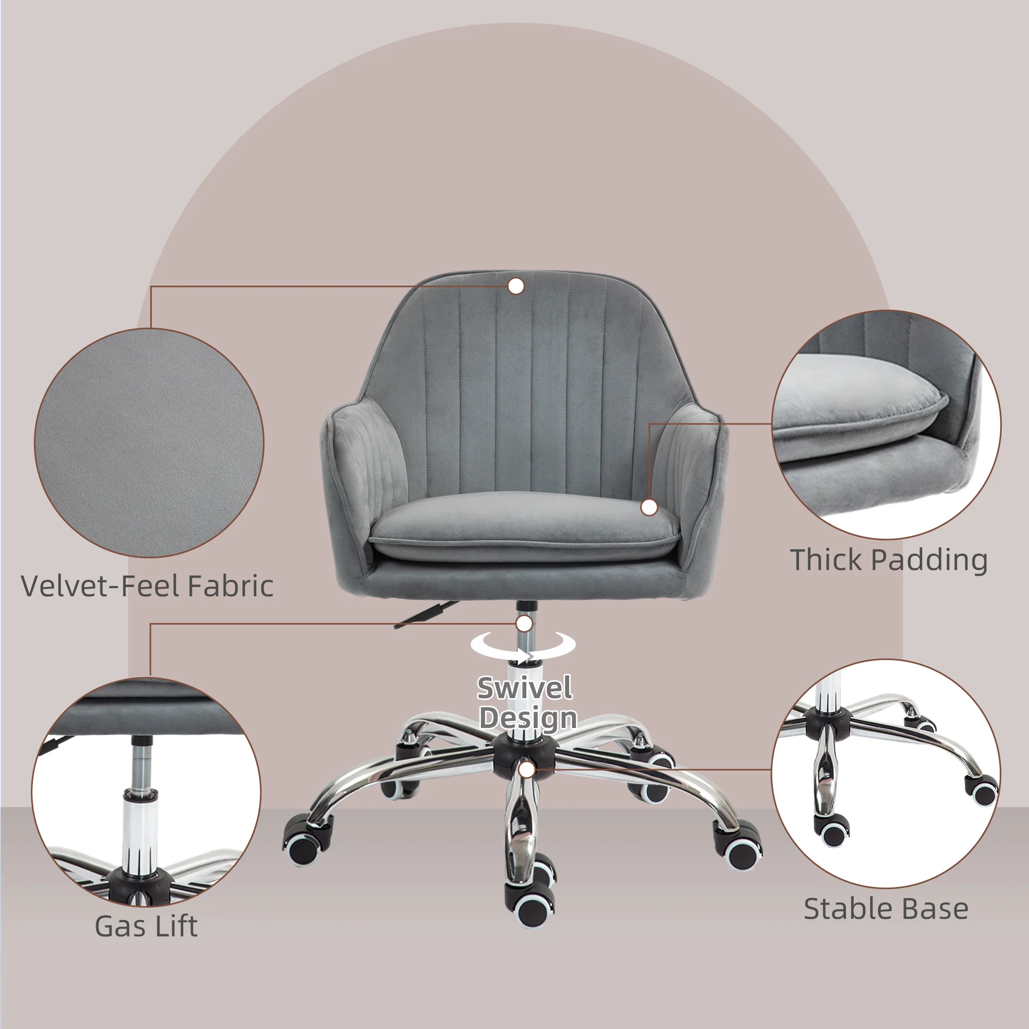 Velvet-Feel Swivel Desk Chair, Makeup Vanity Chair with Height Adjustable & Wheels, Grey - Image 7