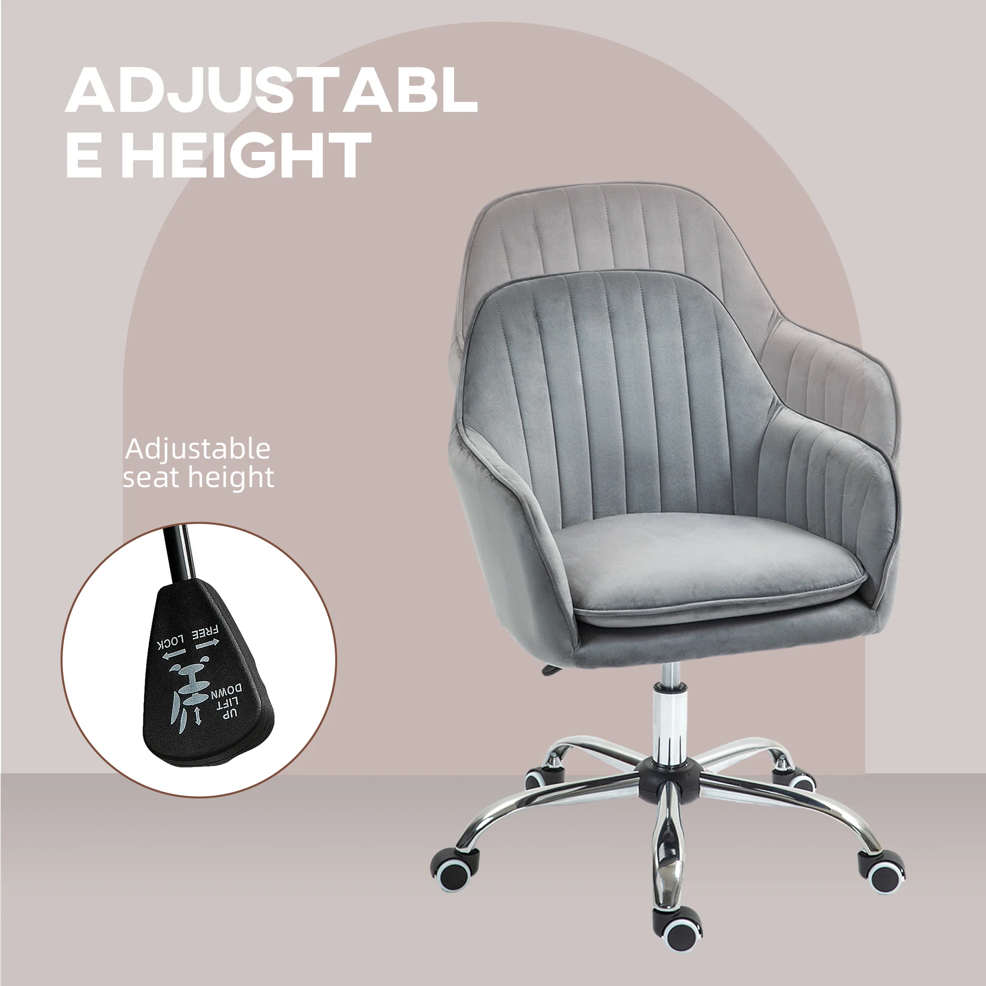 Velvet-Feel Swivel Desk Chair, Makeup Vanity Chair with Height Adjustable & Wheels, Grey - Image 8