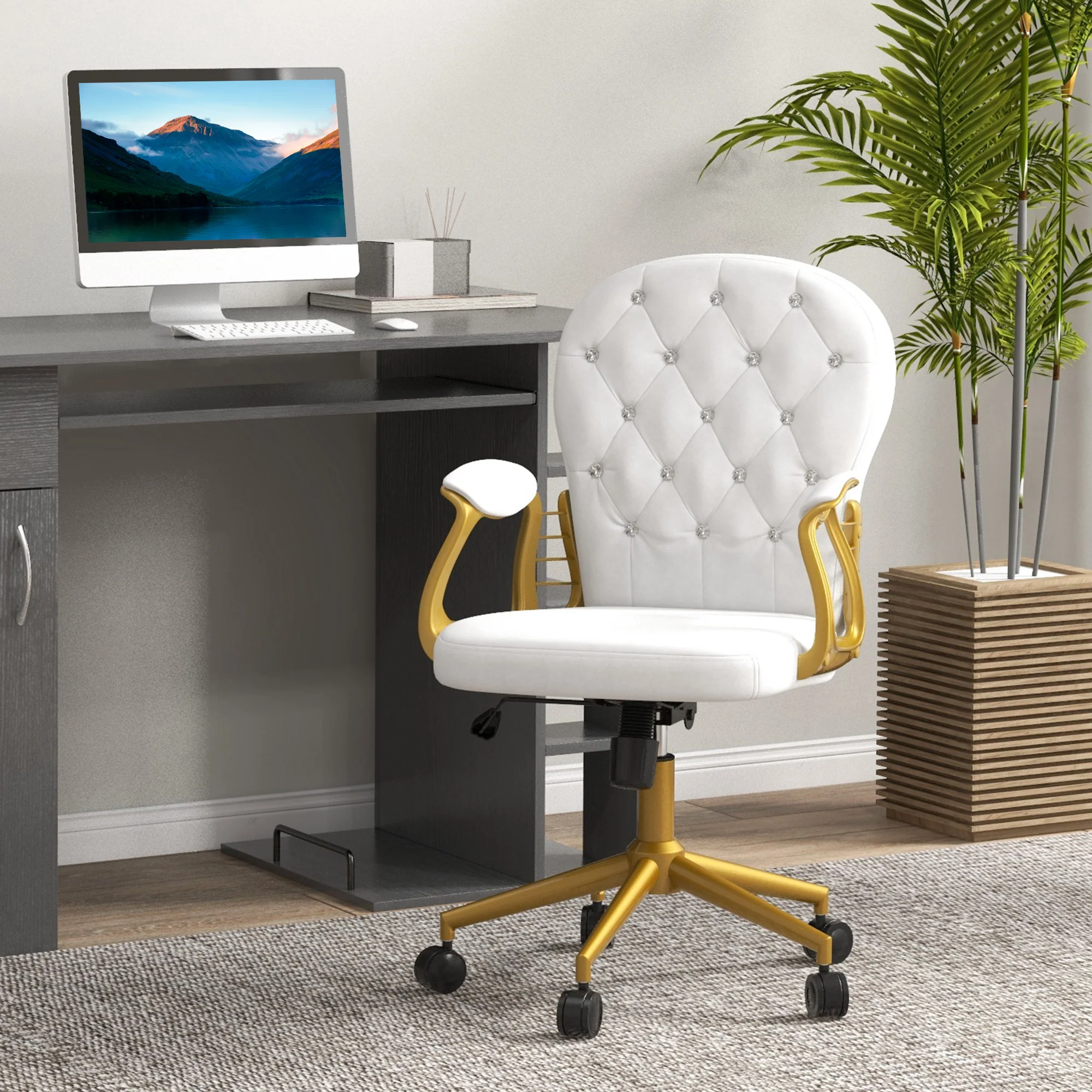 Swivel Desk Chair, Velvet Vanity Chair with Adjustable Height & Rolling Wheels, Cream White - Image 3