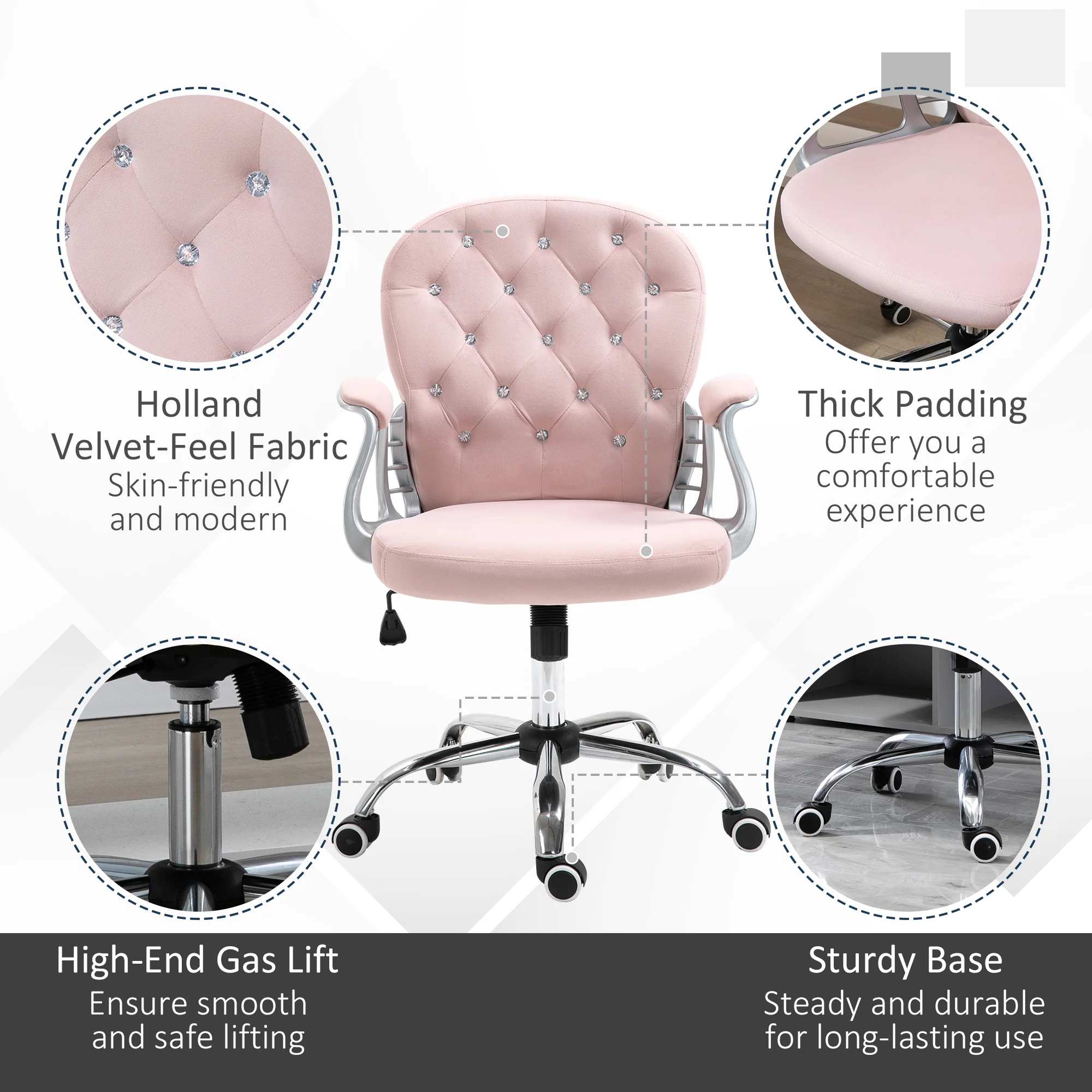 Swivel Desk Chair, Velvet Vanity Chair with Adjustable Height & Rolling Wheels, Pink - Image 8