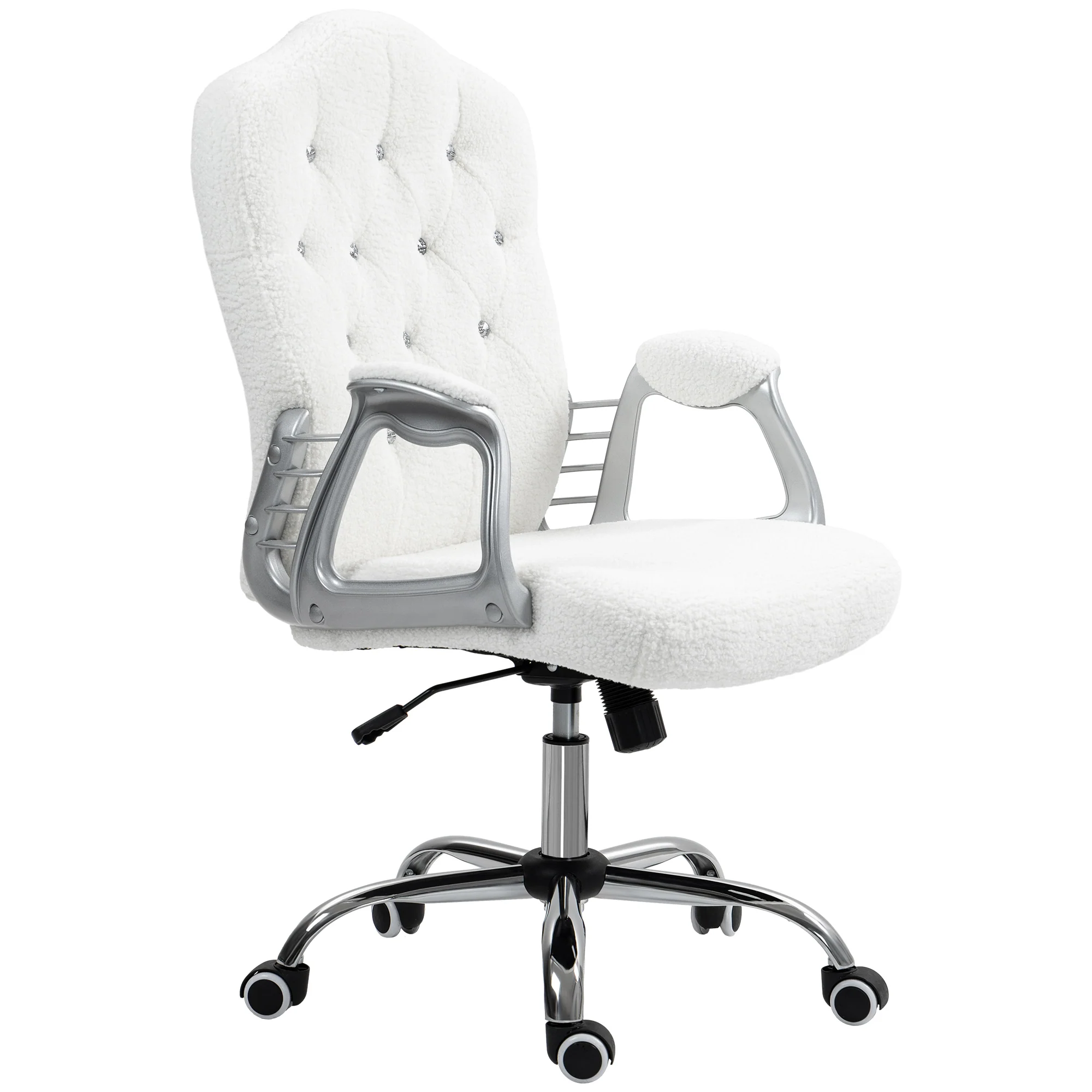 Teddy Fleece Computer Chair, Button Tufted Swivel Desk Chair with Tilt Function, White - Image 2