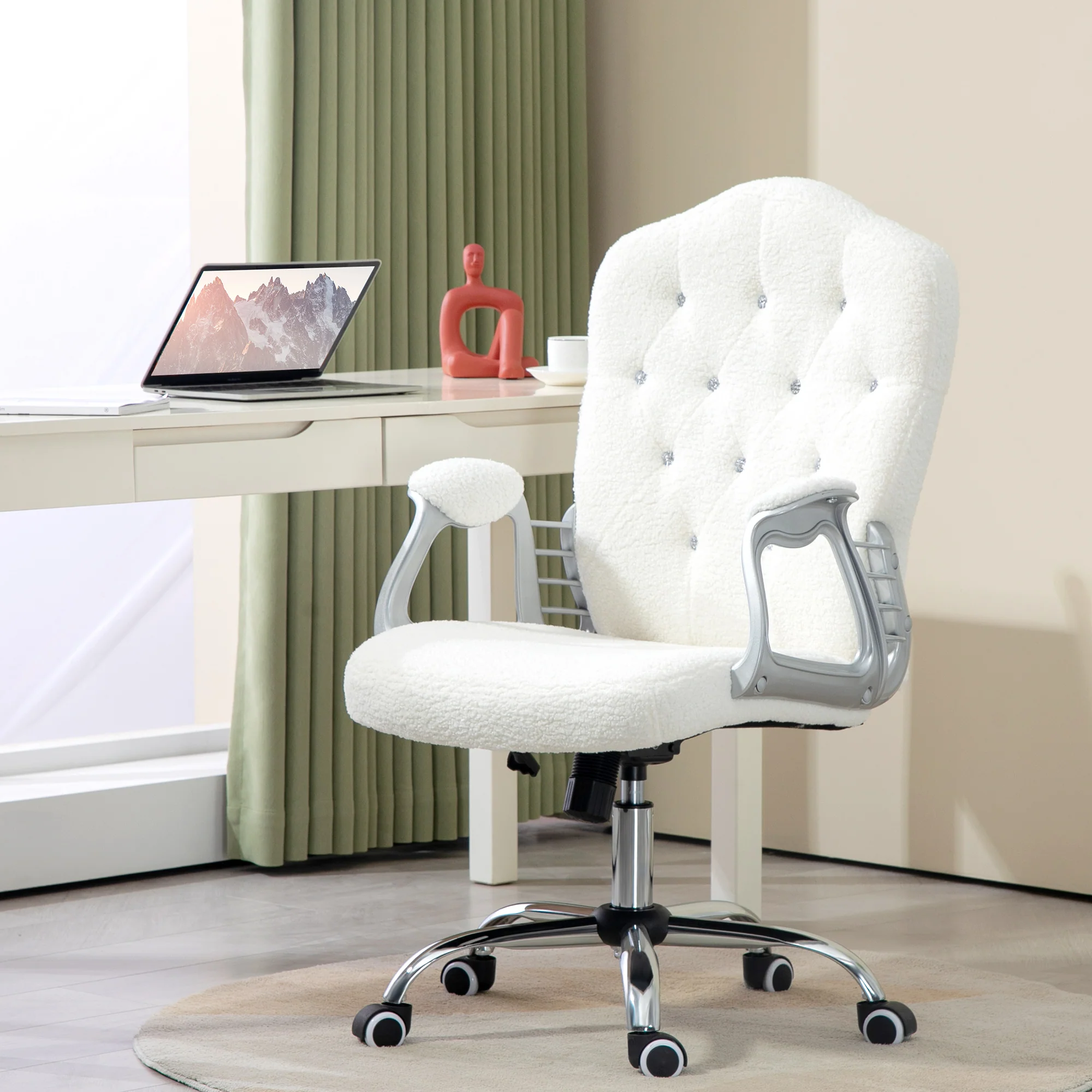 Teddy Fleece Computer Chair, Button Tufted Swivel Desk Chair with Tilt Function, White - Image 3