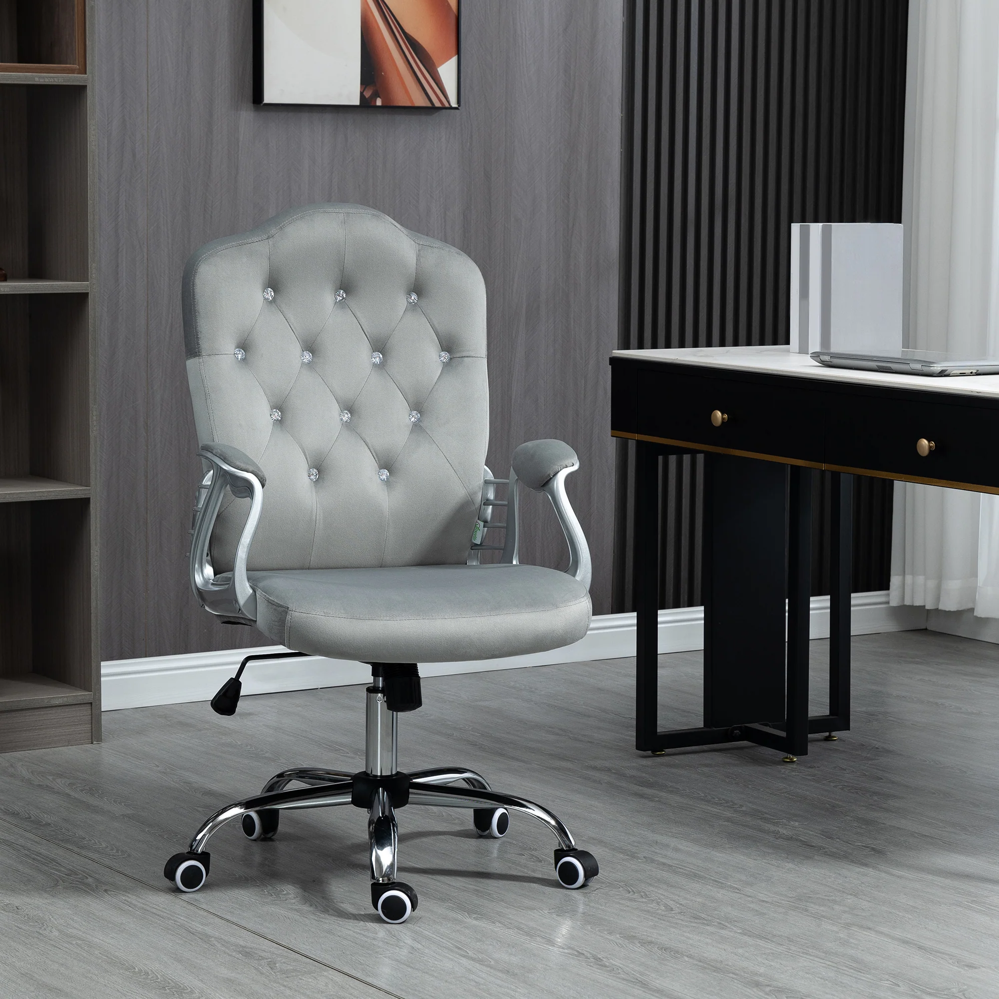 Teddy Fleece Computer Chair, Button Tufted Swivel Desk Chair with Tilt Function, Grey - Image 3