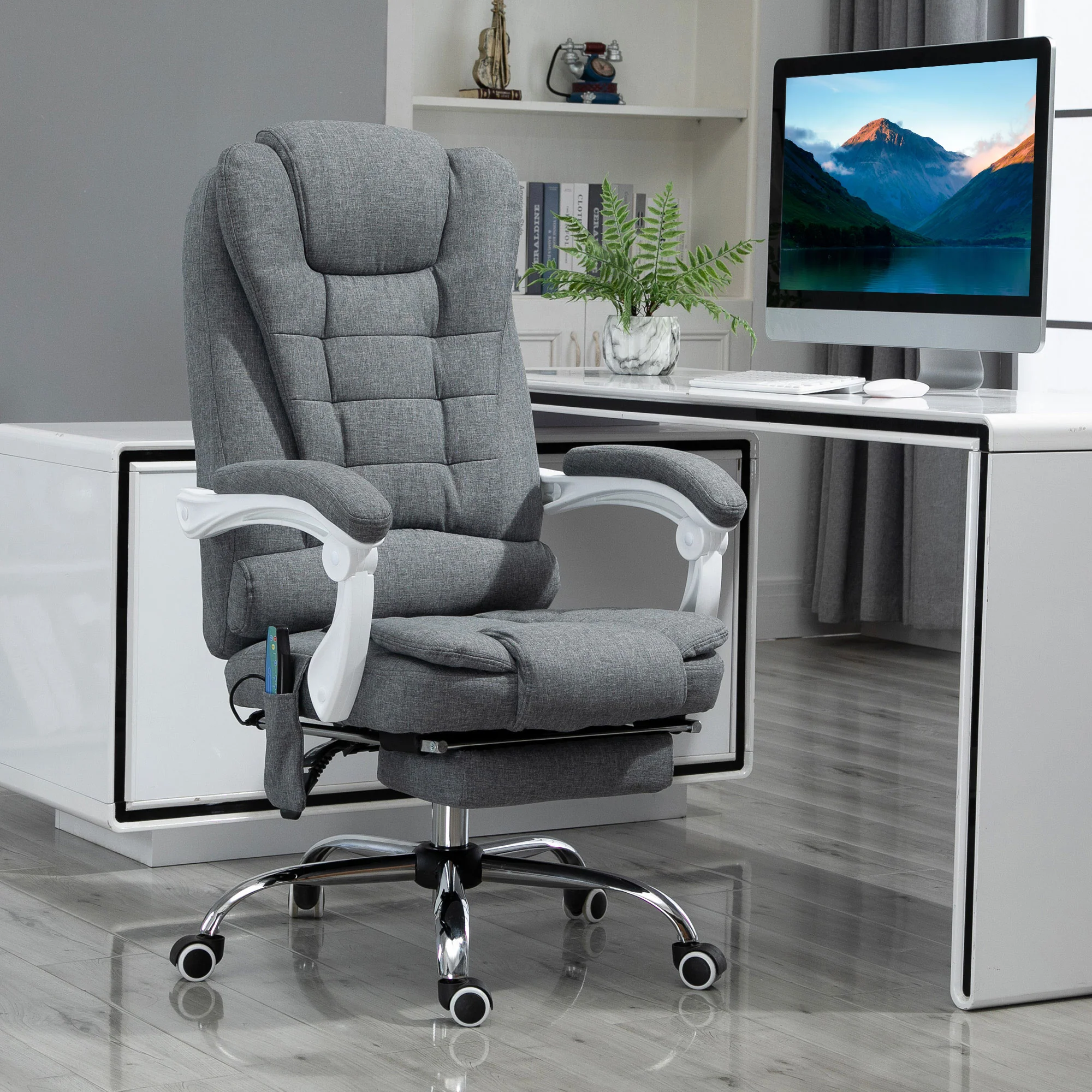 Office Chair with 6-Point Massage and Back Heat, Reclining Back & Footrest, Grey - Image 3