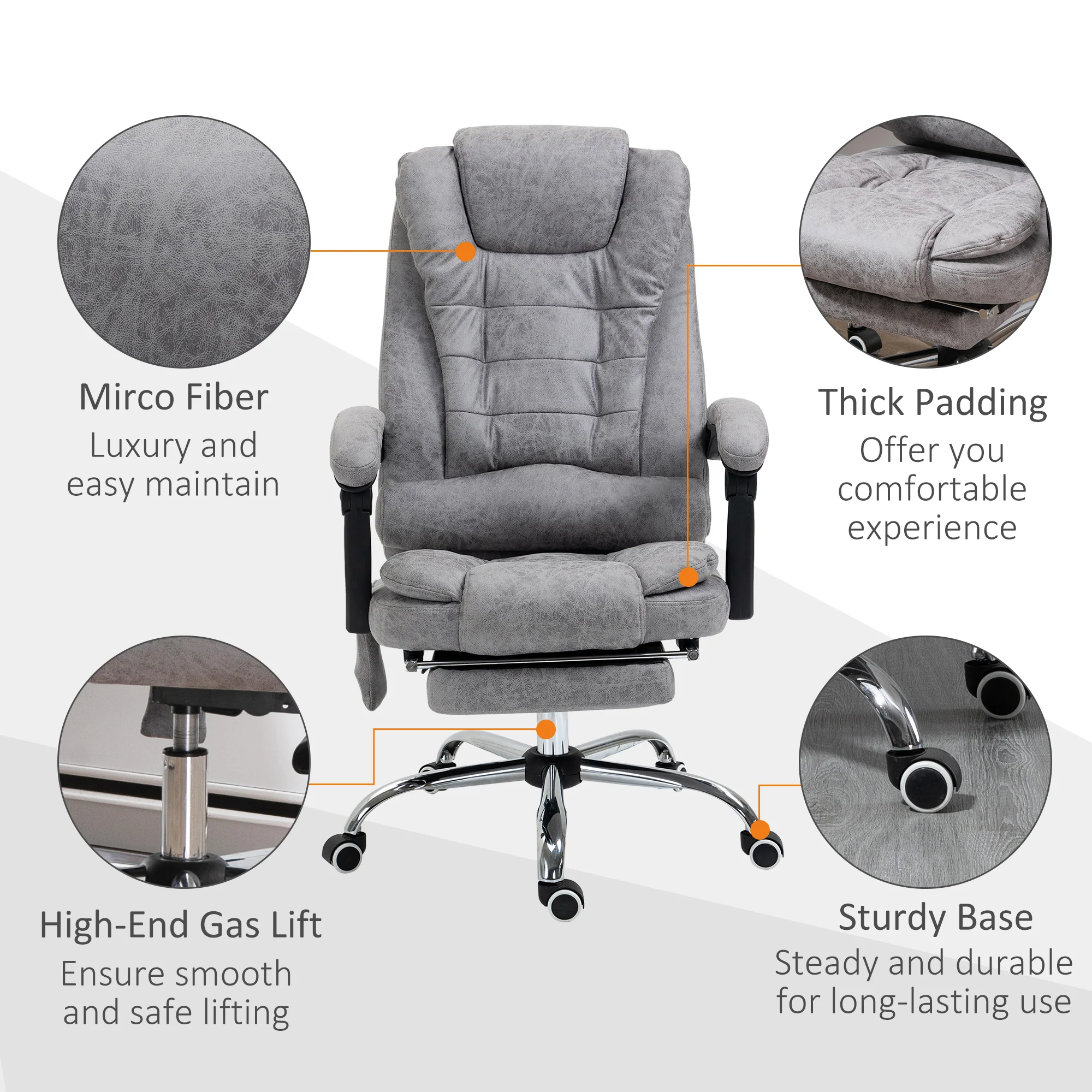 Office Chair with 6-Point Massage and Back Heat, Reclining Back & Footrest, Grey - Image 10