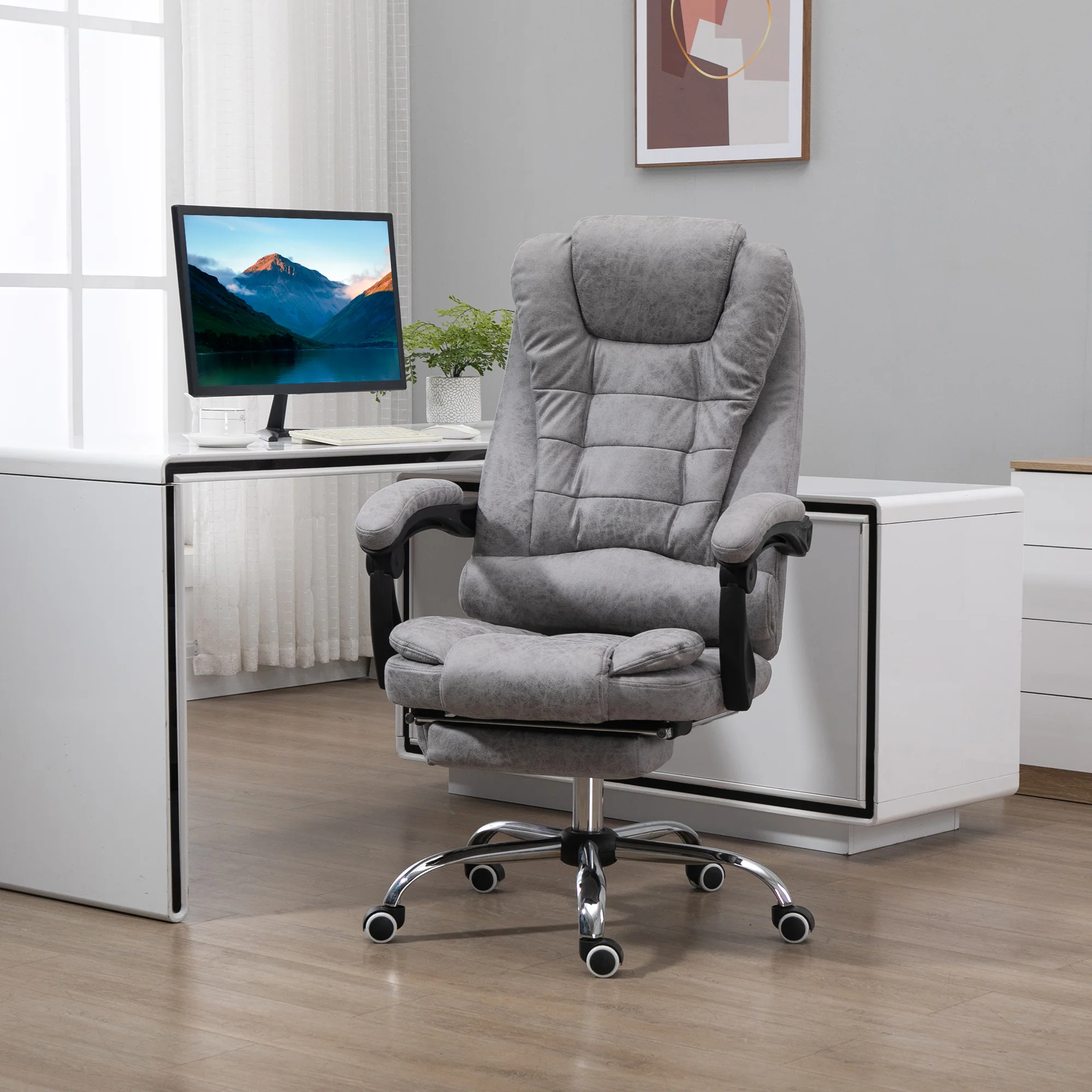 Office Chair with 6-Point Massage and Back Heat, Reclining Back & Footrest, Grey - Image 3