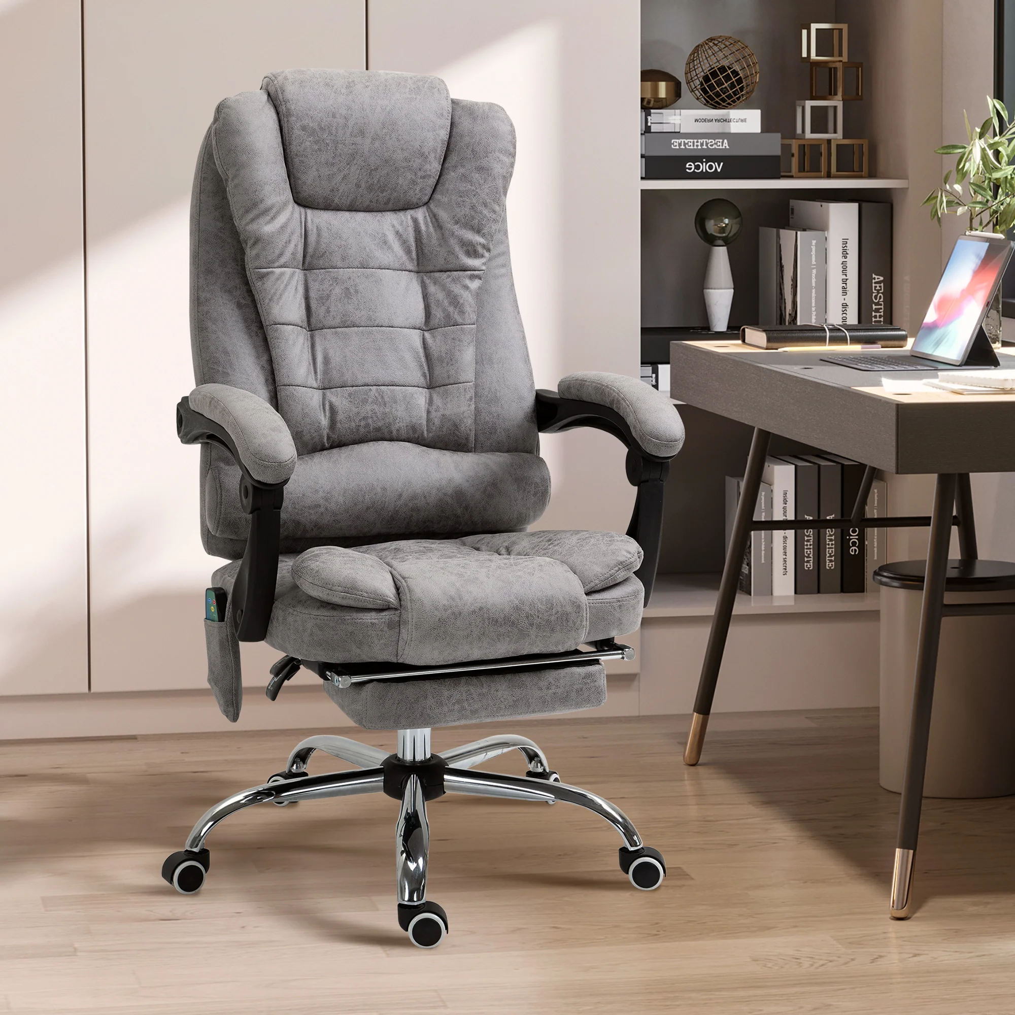 Office Chair with 6-Point Massage and Back Heat, Reclining Back & Footrest, Grey - Image 4