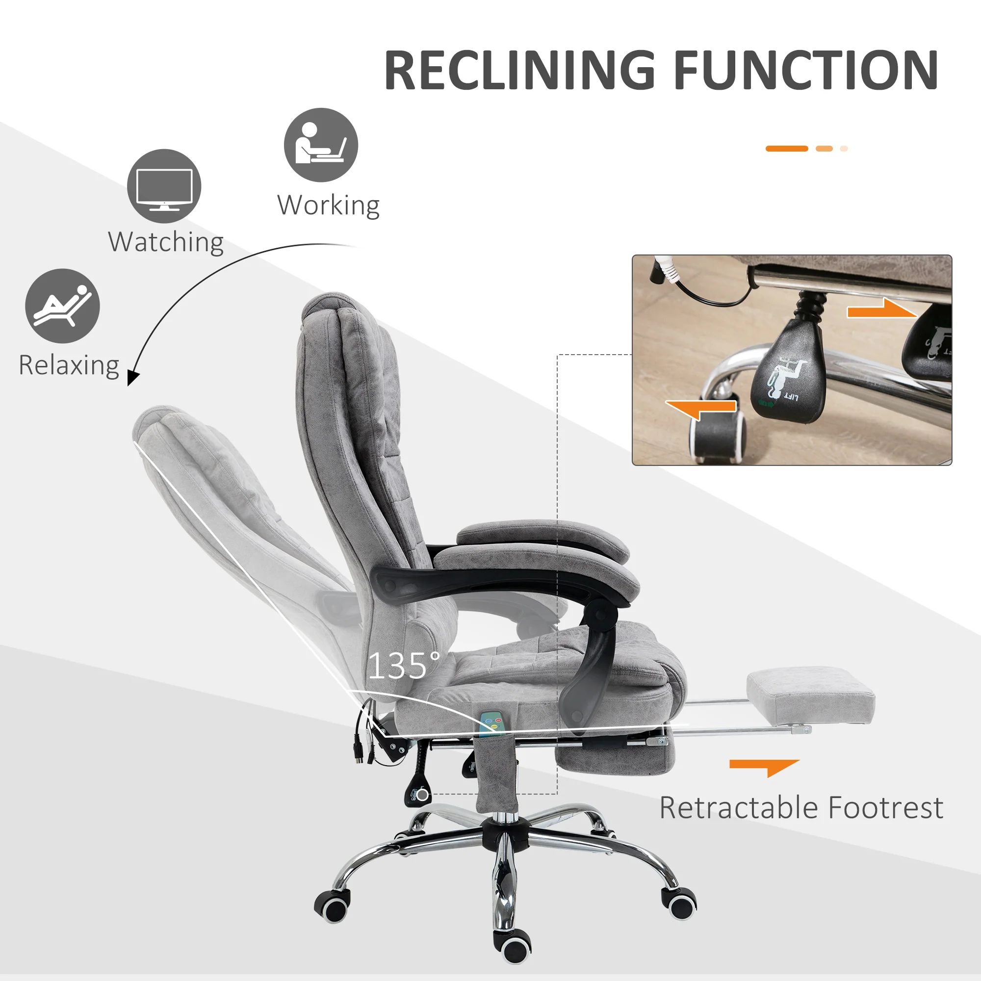 Office Chair with 6-Point Massage and Back Heat, Reclining Back & Footrest, Grey - Image 7