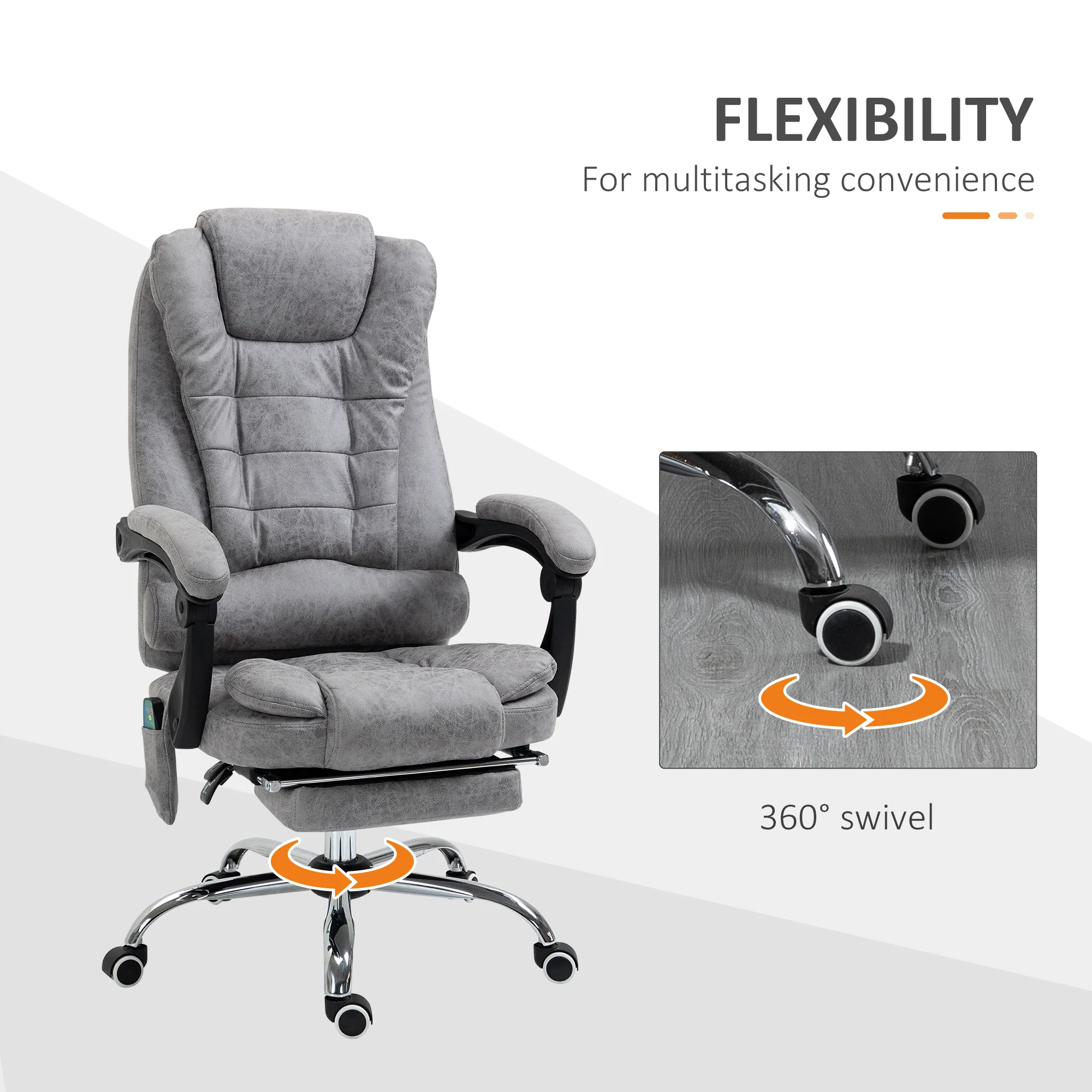 Office Chair with 6-Point Massage and Back Heat, Reclining Back & Footrest, Grey - Image 9