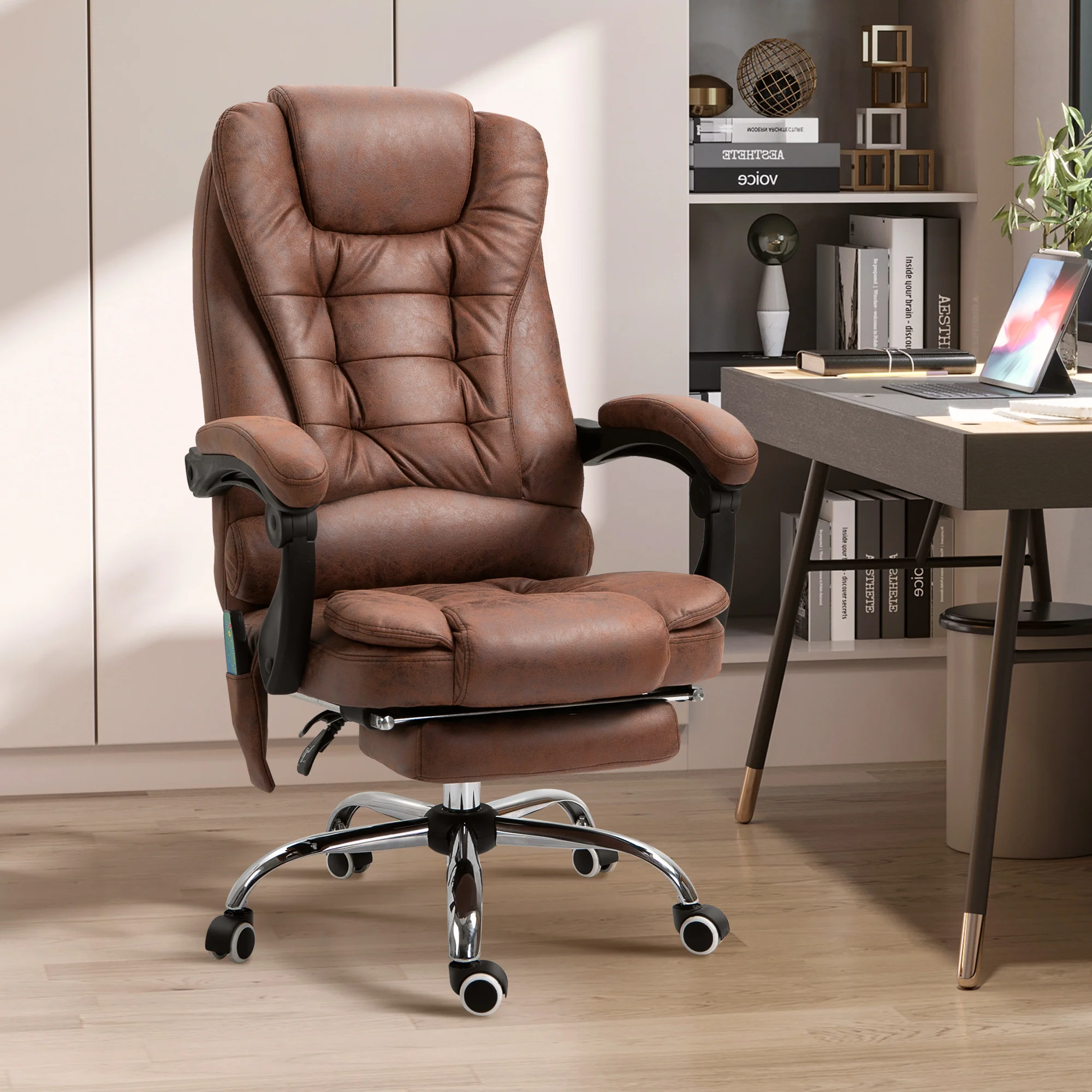 Office Chair with 6-Point Massage and Back Heat, Reclining Back & Footrest, Brown - Image 4