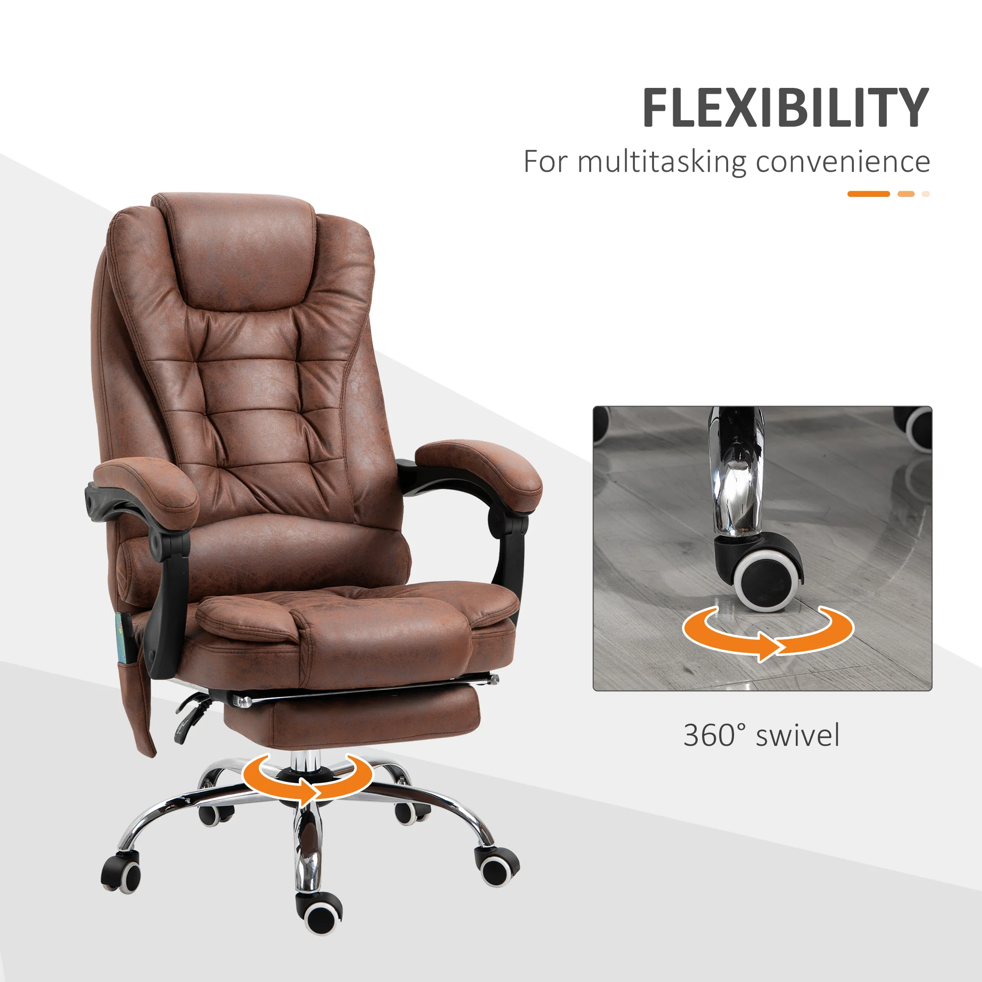 Office Chair with 6-Point Massage and Back Heat, Reclining Back & Footrest, Brown - Image 9
