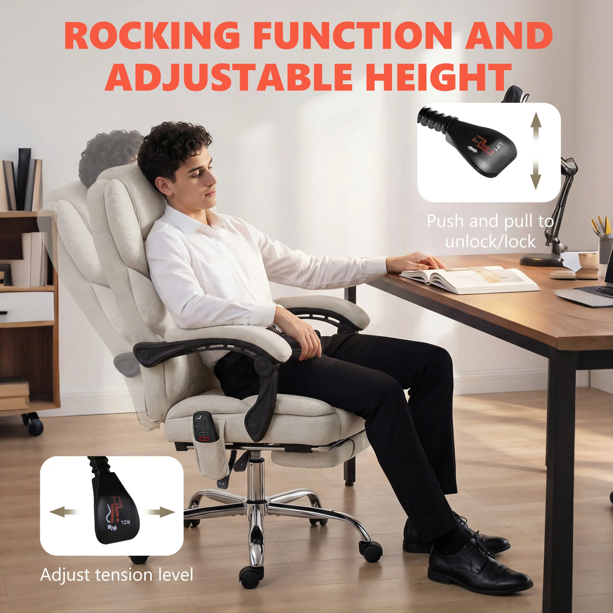 6-Point Vibration Massage Recliner Chair with Footrest & Rocking, Cream White - Image 10