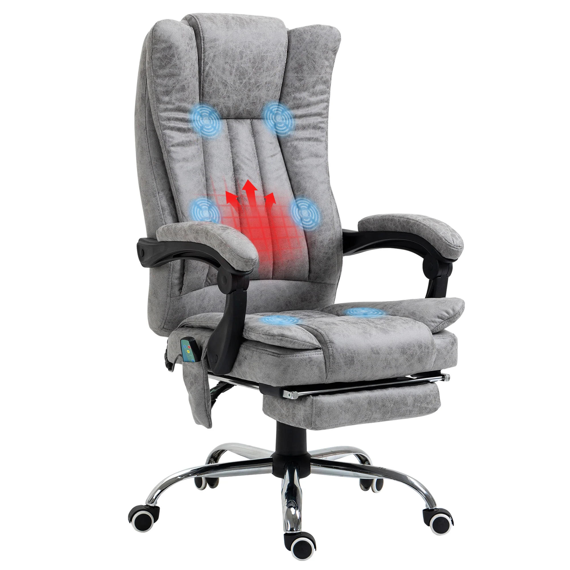 Microfibre Office Chair with Massage and Heat, Reclining Back & Footrest, Grey - Image 2
