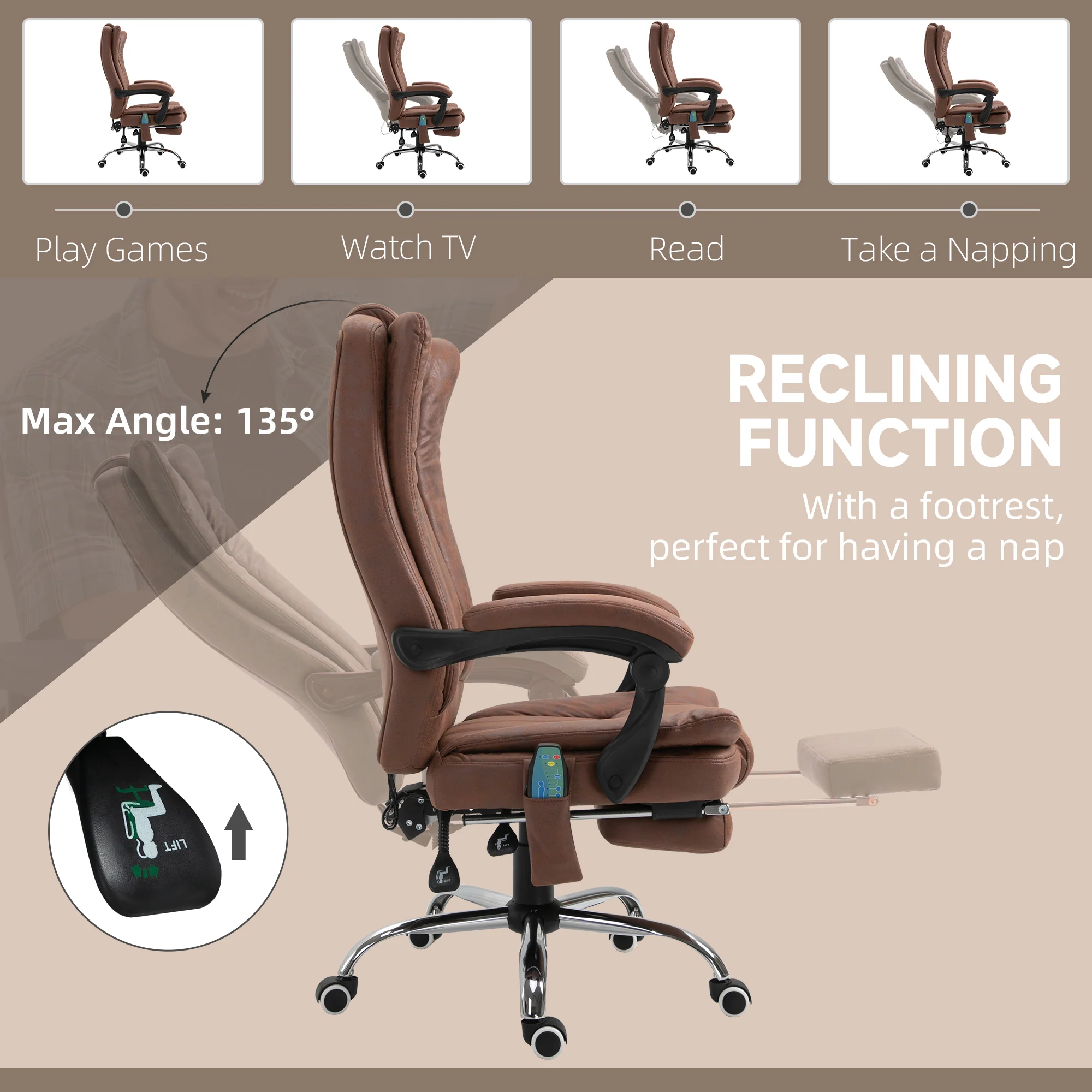Microfibre Office Chair with Massage and Heat, Reclining Back & Footrest, Brown - Image 11