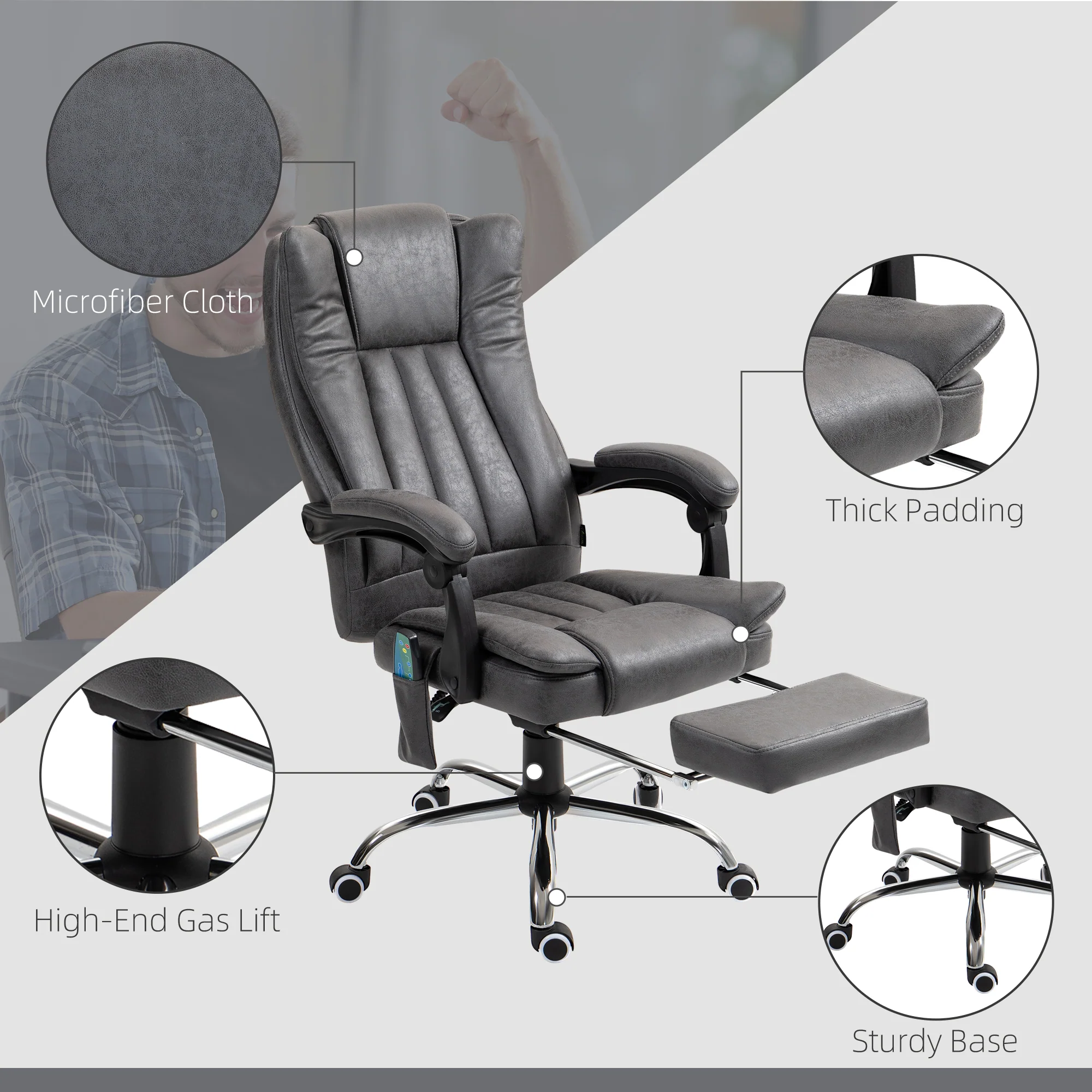 Microfibre Office Chair with Massage and Heat, Reclining Back & Footrest, Charcoal Grey - Image 8