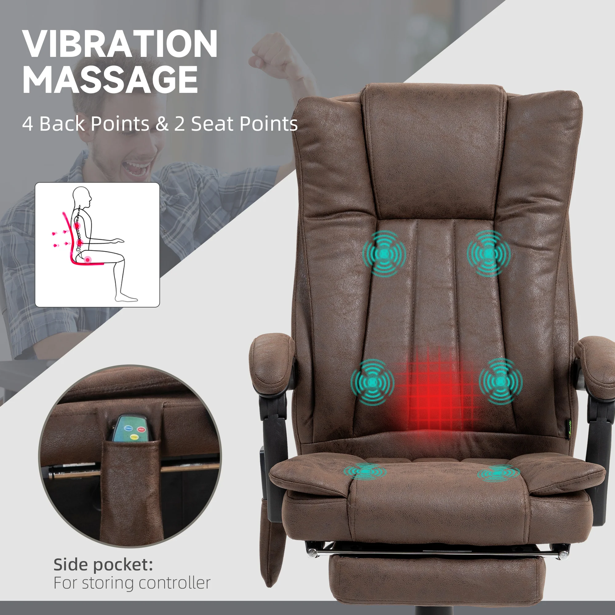 Microfibre Office Chair with Massage and Heat, Reclining Back & Footrest, Dark Brown - Image 6