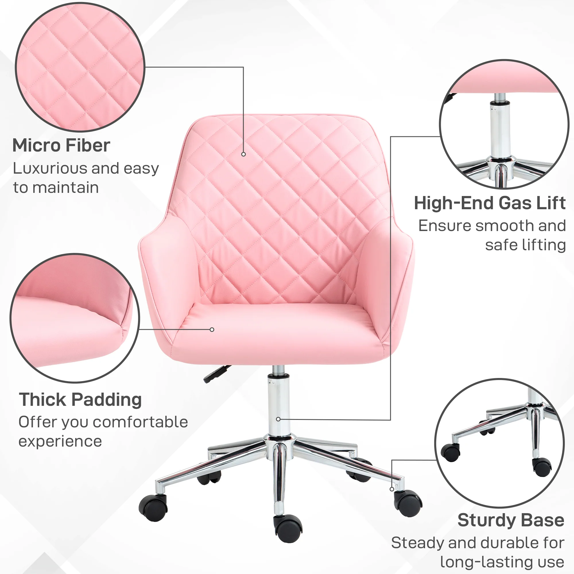 Swivel Office Desk Chair, Leather-Feel Fabric Computer Swivel Chair with Rolling Wheels, Pink - Image 8