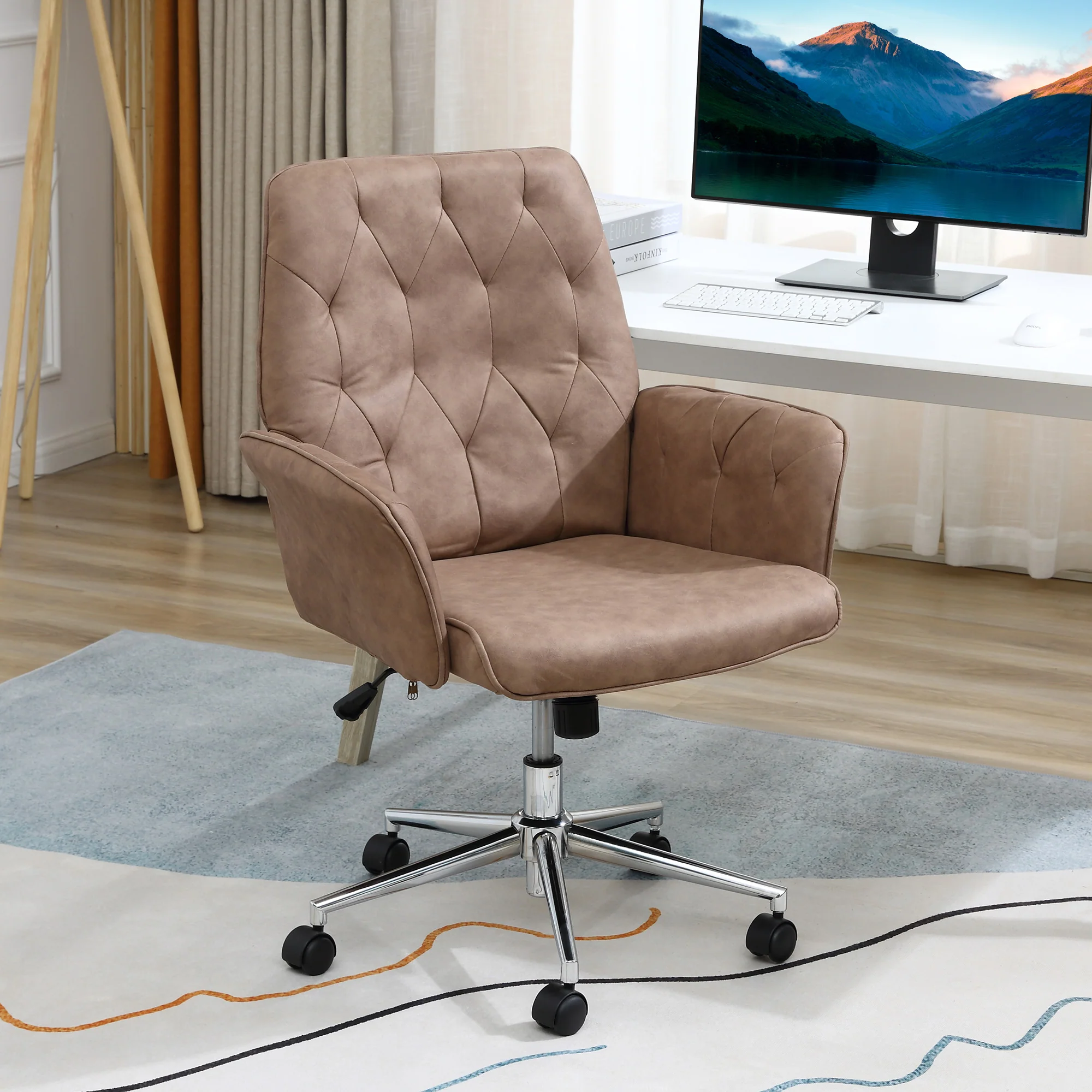 Microfibre Swivel Desk Chair, Vanity Chair with Height Adjustable, Armrest for Home, Coffee - Image 4