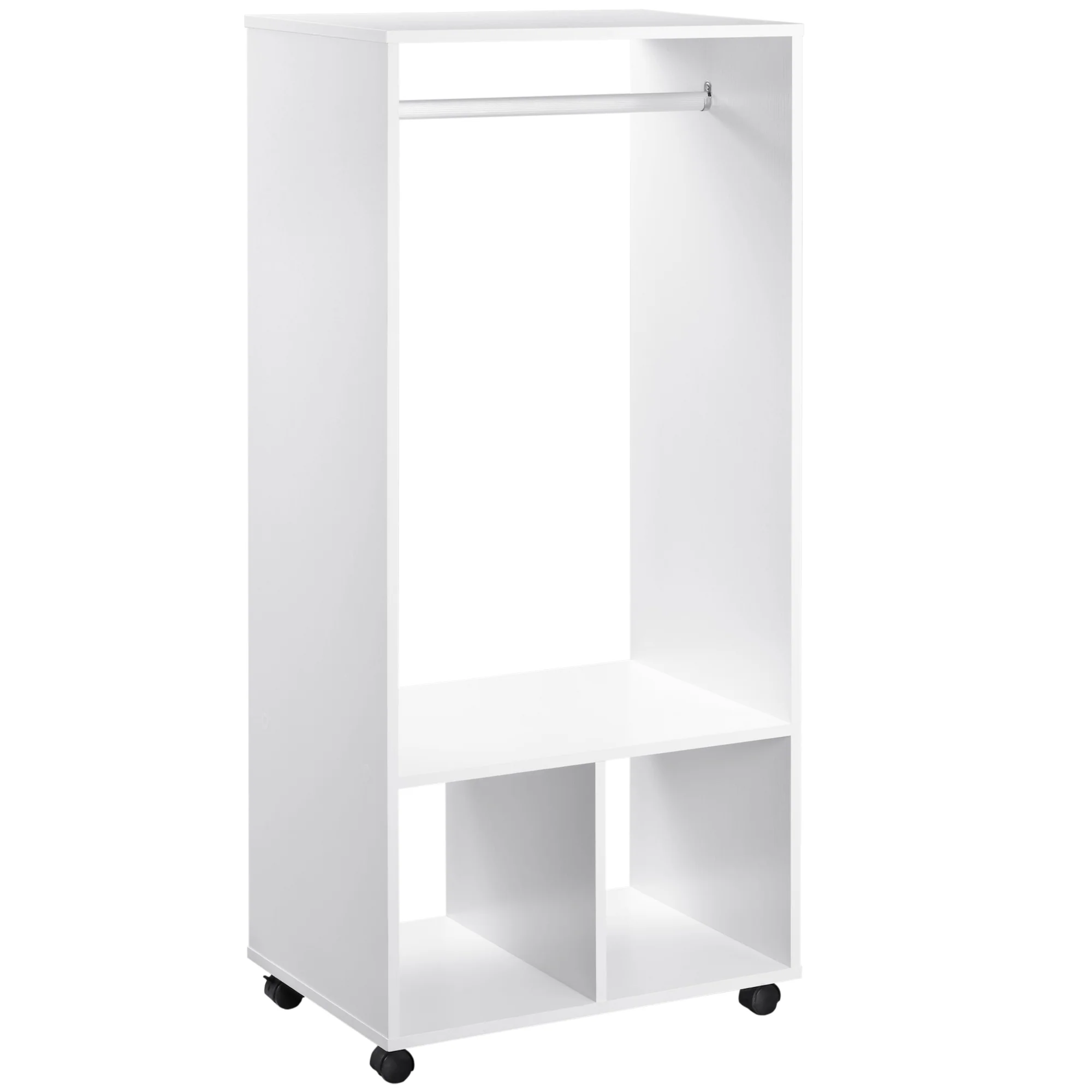 Open Wardrobe, Small Wardrobe on Wheels with Clothes Rail, 2 Storage Shelves, White