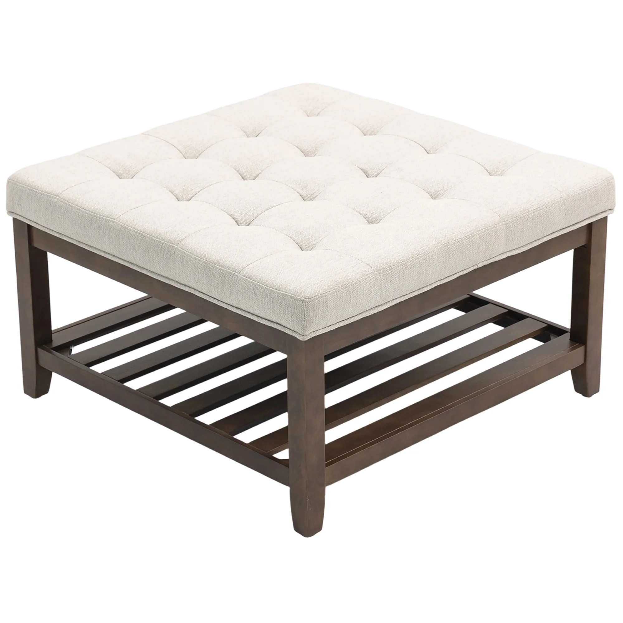 32 Inch Square Footrest Ottoman with Storage Shelf, Linen Upholstered Tufted Footstool, Padded Seat, Beige - Image 2