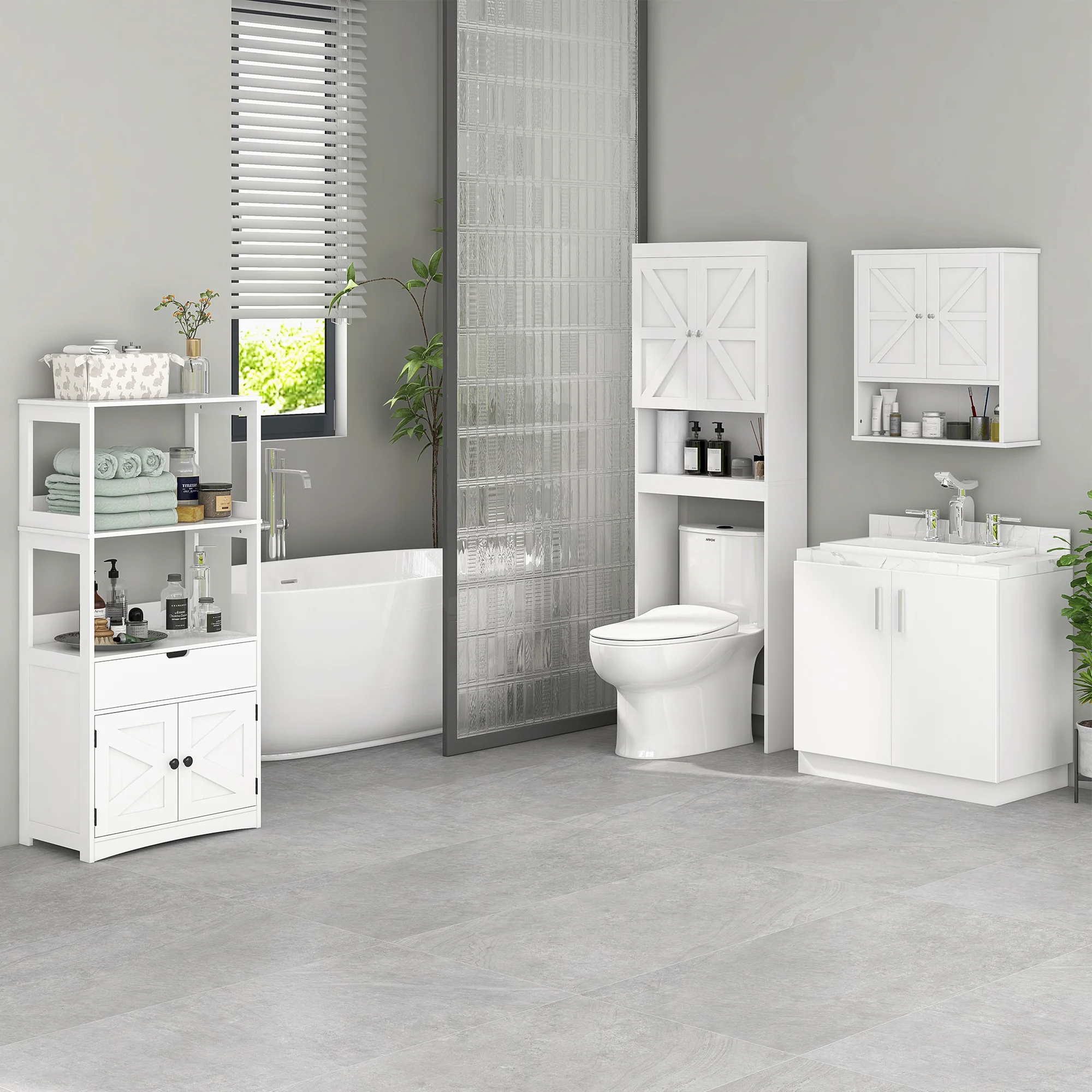 Over The Toilet Storage Cabinet w/ Barn Doors, Open Shelf & Adjustable Crossbar, White - Image 3