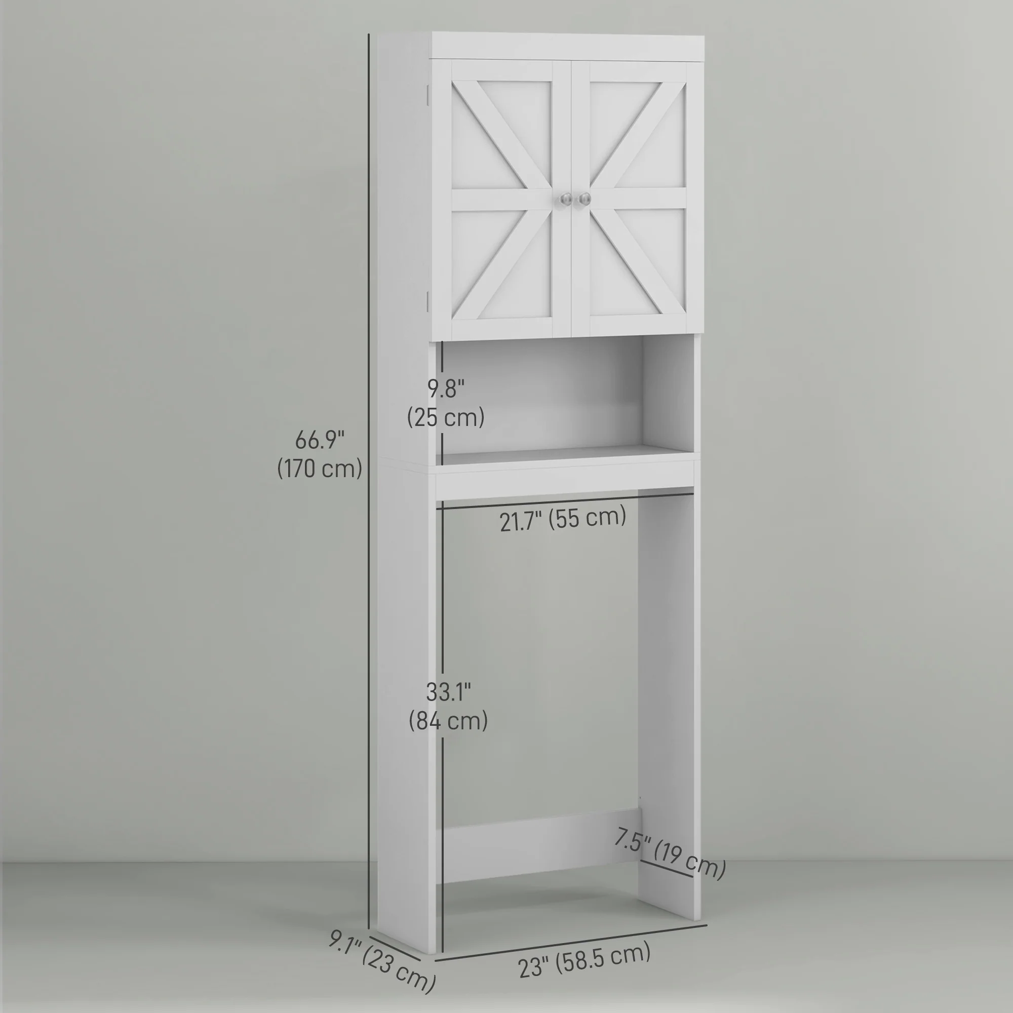 Over The Toilet Storage Cabinet w/ Barn Doors, Open Shelf & Adjustable Crossbar, White - Image 5