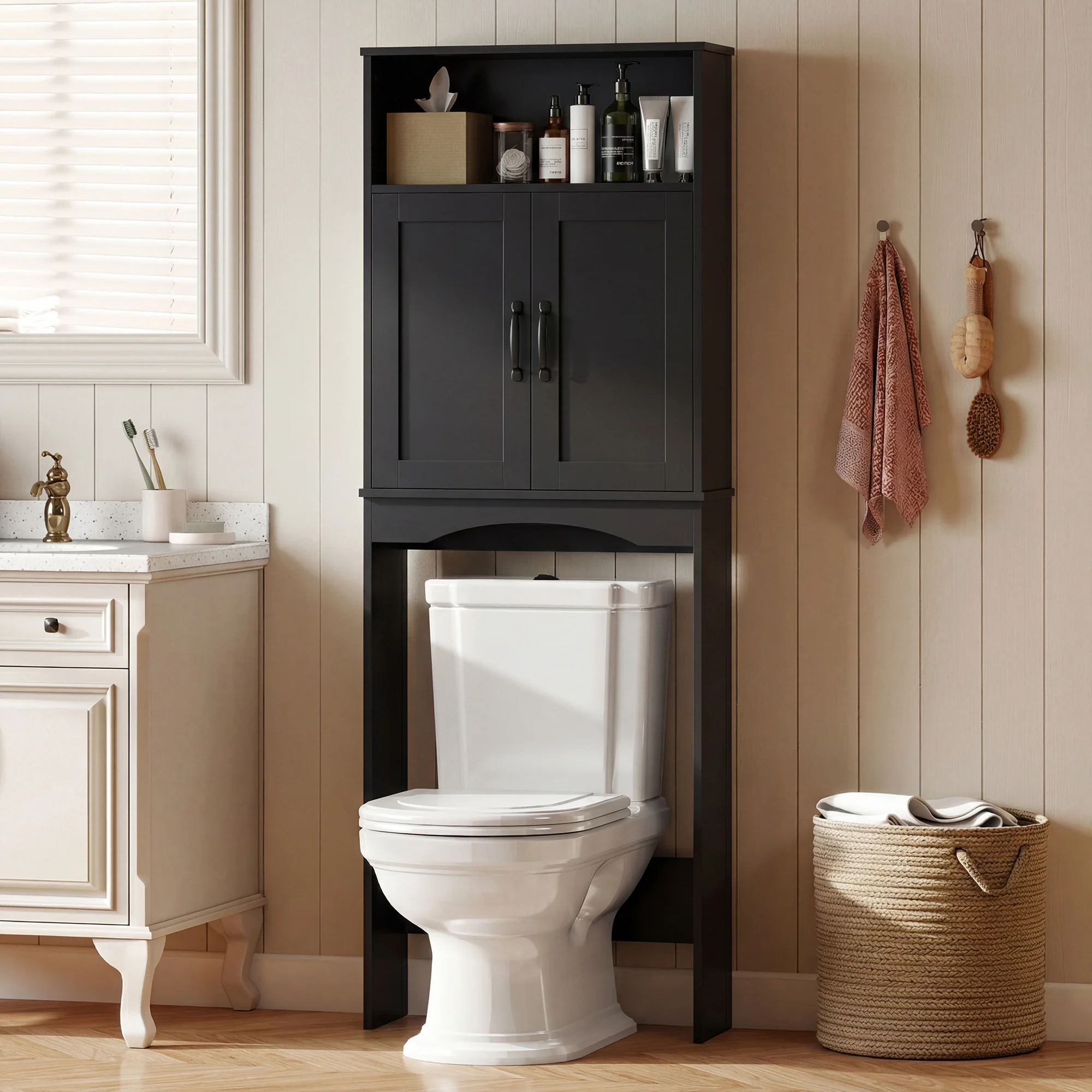 Over the Toilet Storage Cabinet, Over Toilet Bathroom Organizer with 2 Doors and Open Shelf, Freestanding Above Restroom Space Saver for Bathroom, Laundry, Restroom, Black - Image 3