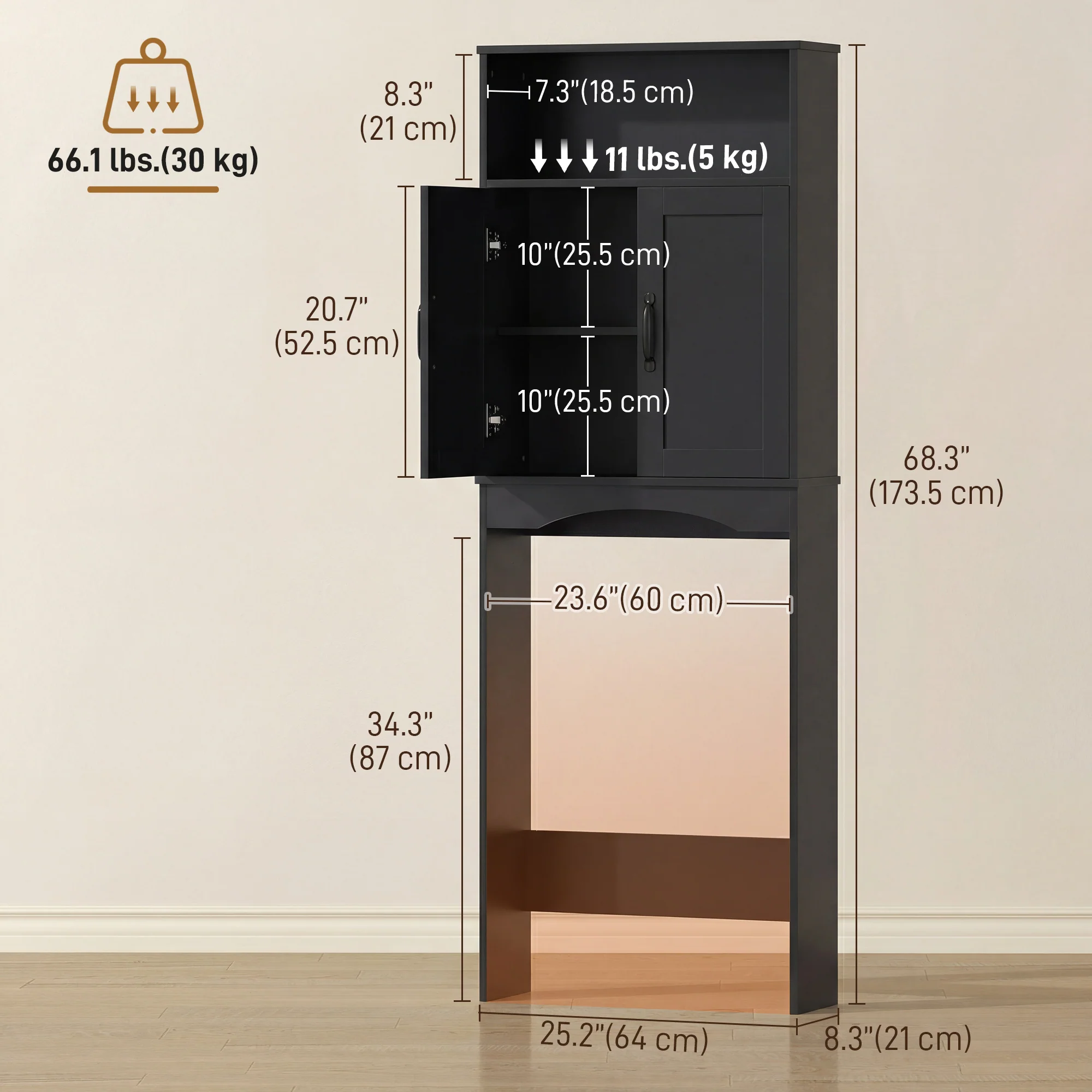 Over the Toilet Storage Cabinet, Over Toilet Bathroom Organizer with 2 Doors and Open Shelf, Freestanding Above Restroom Space Saver for Bathroom, Laundry, Restroom, Black - Image 5