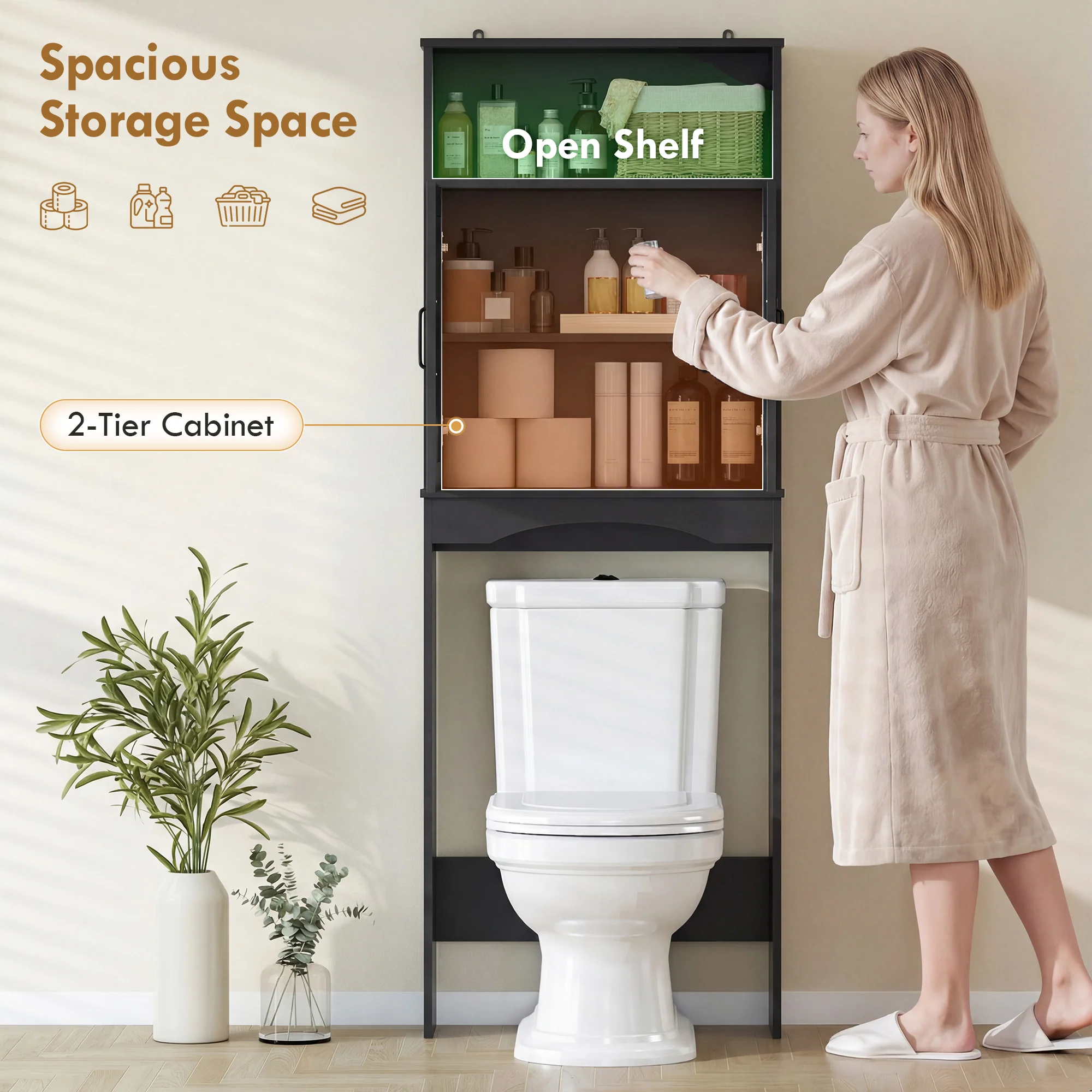 Over the Toilet Storage Cabinet, Over Toilet Bathroom Organizer with 2 Doors and Open Shelf, Freestanding Above Restroom Space Saver for Bathroom, Laundry, Restroom, Black - Image 6