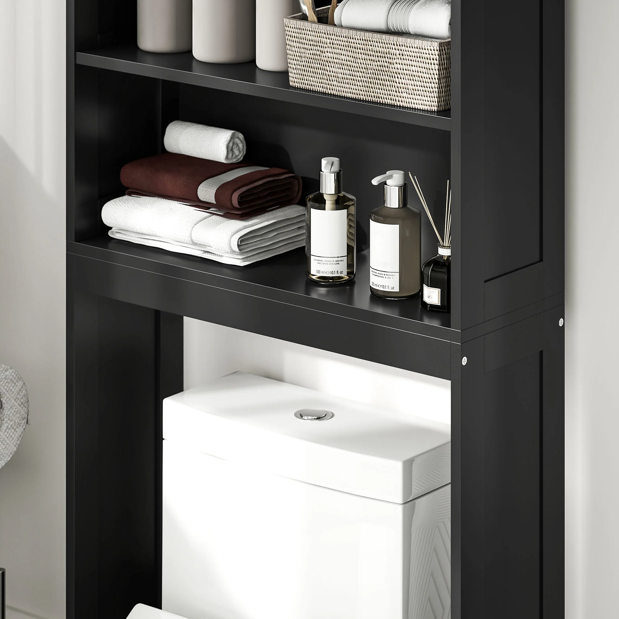 Over The Toilet Bathroom Storage Cabinet with Open Shelves & 2-Door Cabinet, Black - Image 10