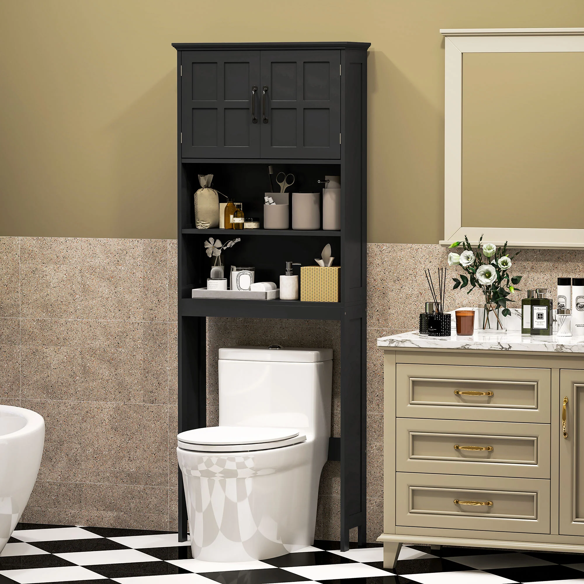 Over The Toilet Bathroom Storage Cabinet with Open Shelves & 2-Door Cabinet, Black - Image 4