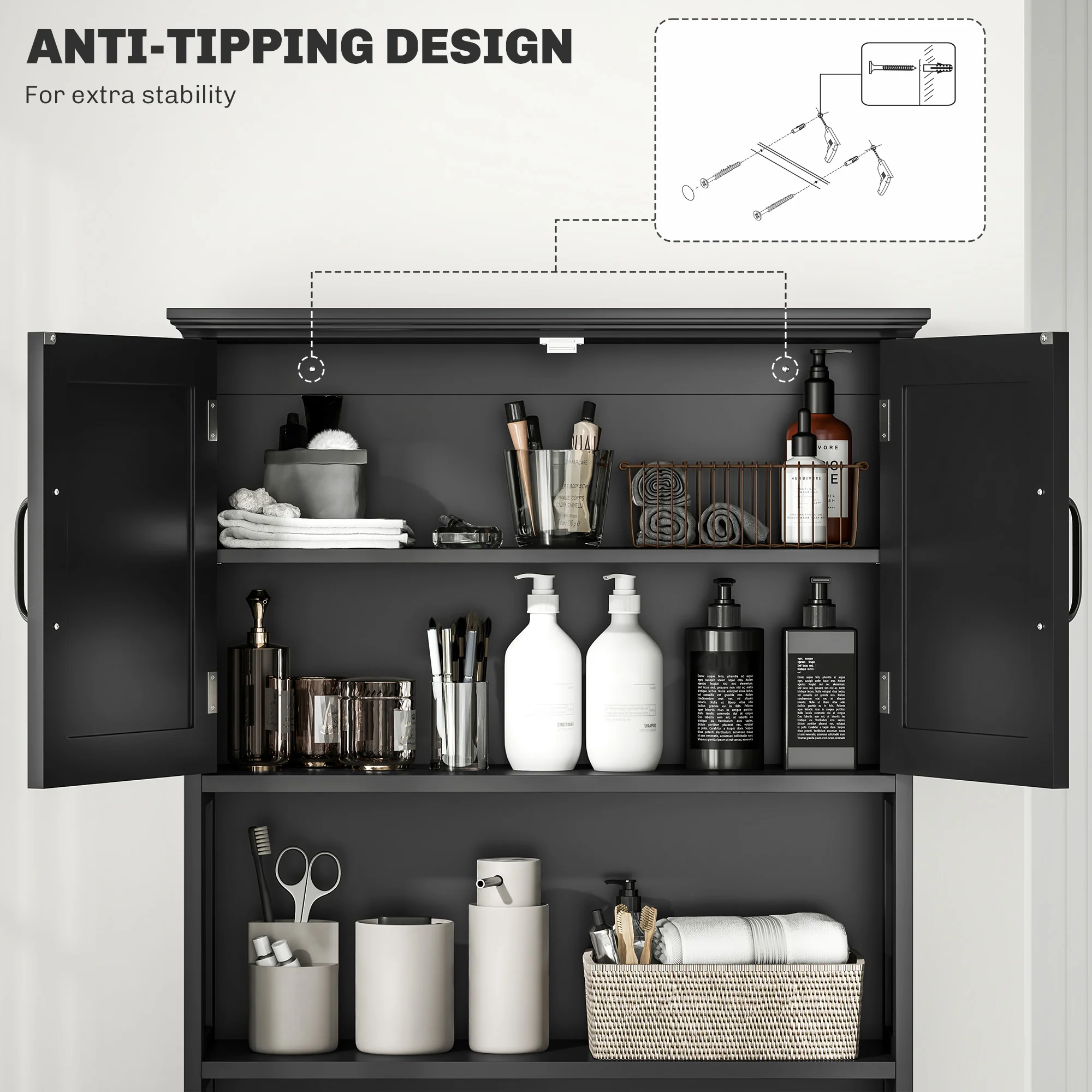 Over The Toilet Bathroom Storage Cabinet with Open Shelves & 2-Door Cabinet, Black - Image 9