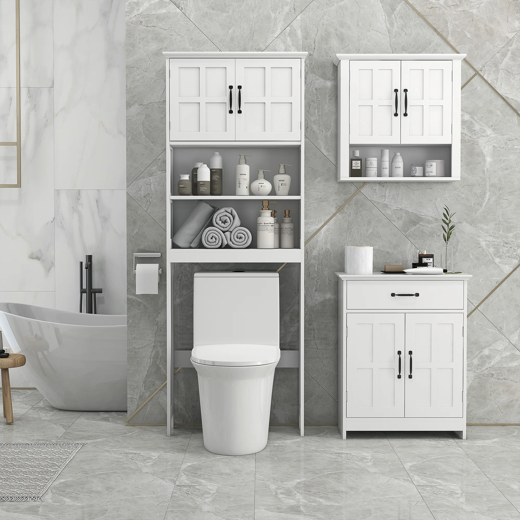 Over The Toilet Bathroom Storage Cabinet with Open Shelves & 2-Door Cabinet, White - Image 3