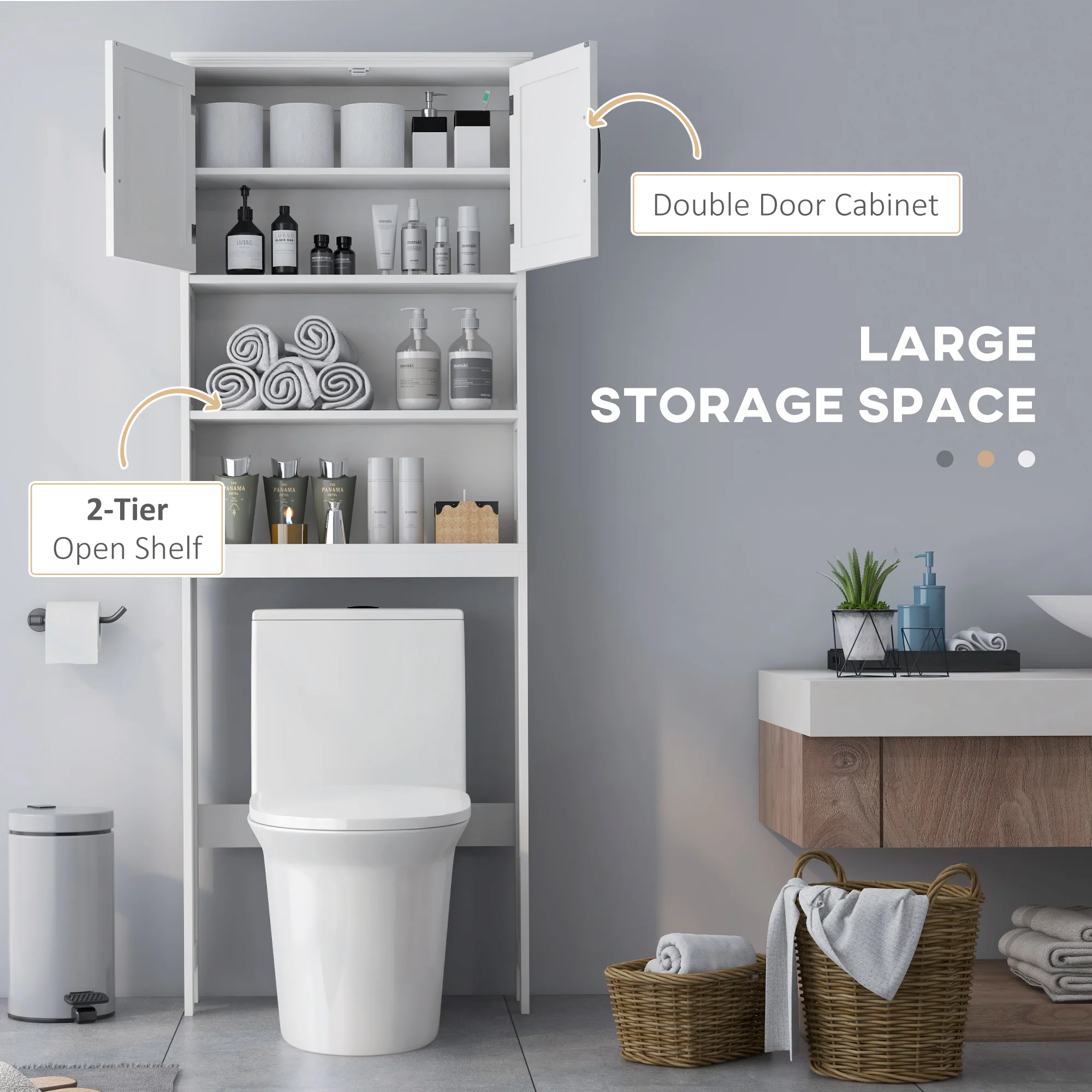 Over The Toilet Bathroom Storage Cabinet with Open Shelves & 2-Door Cabinet, White - Image 6