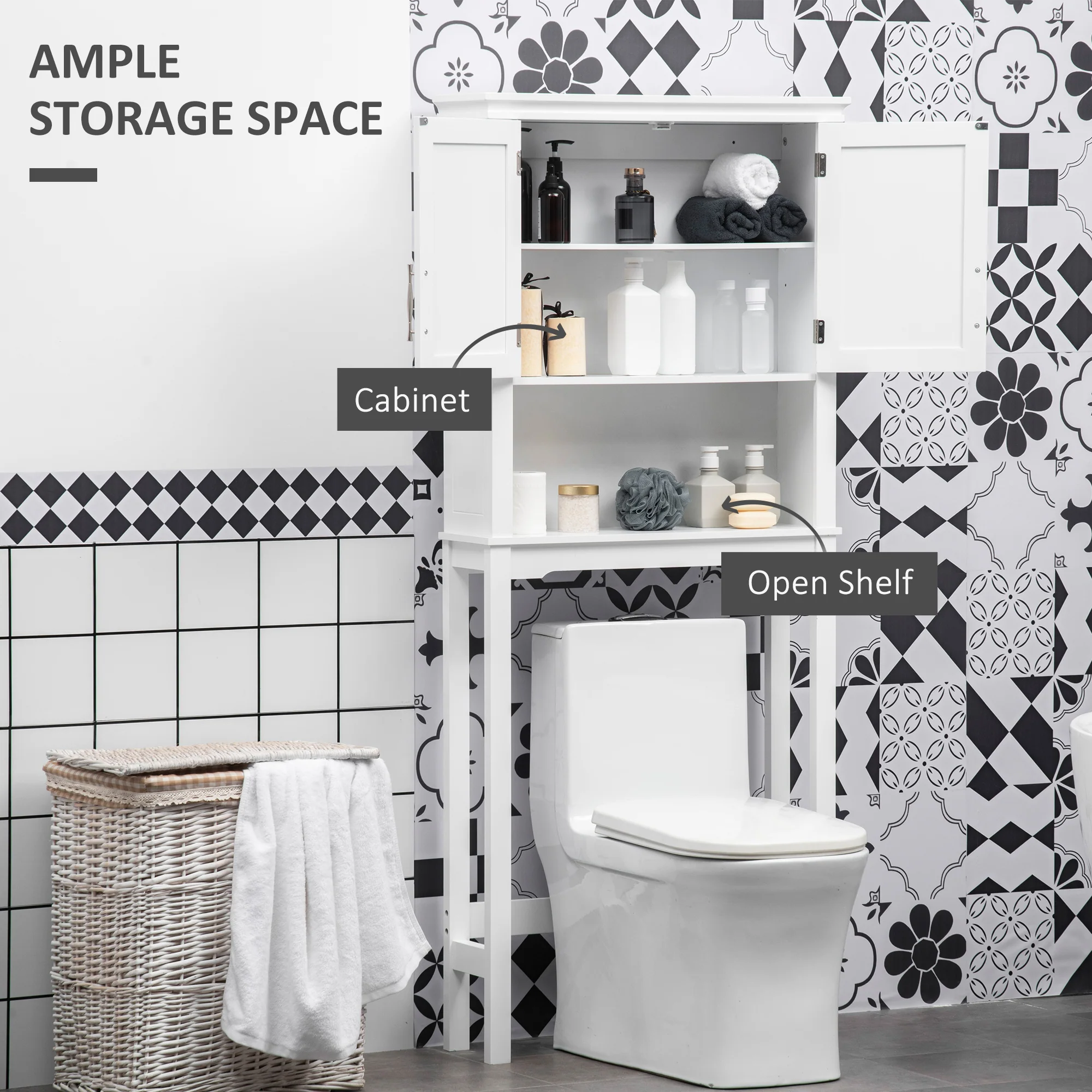 Above Toilet Storage Cabinet, Bathroom Organizer with Double Doors & Open Shelf, White - Image 6
