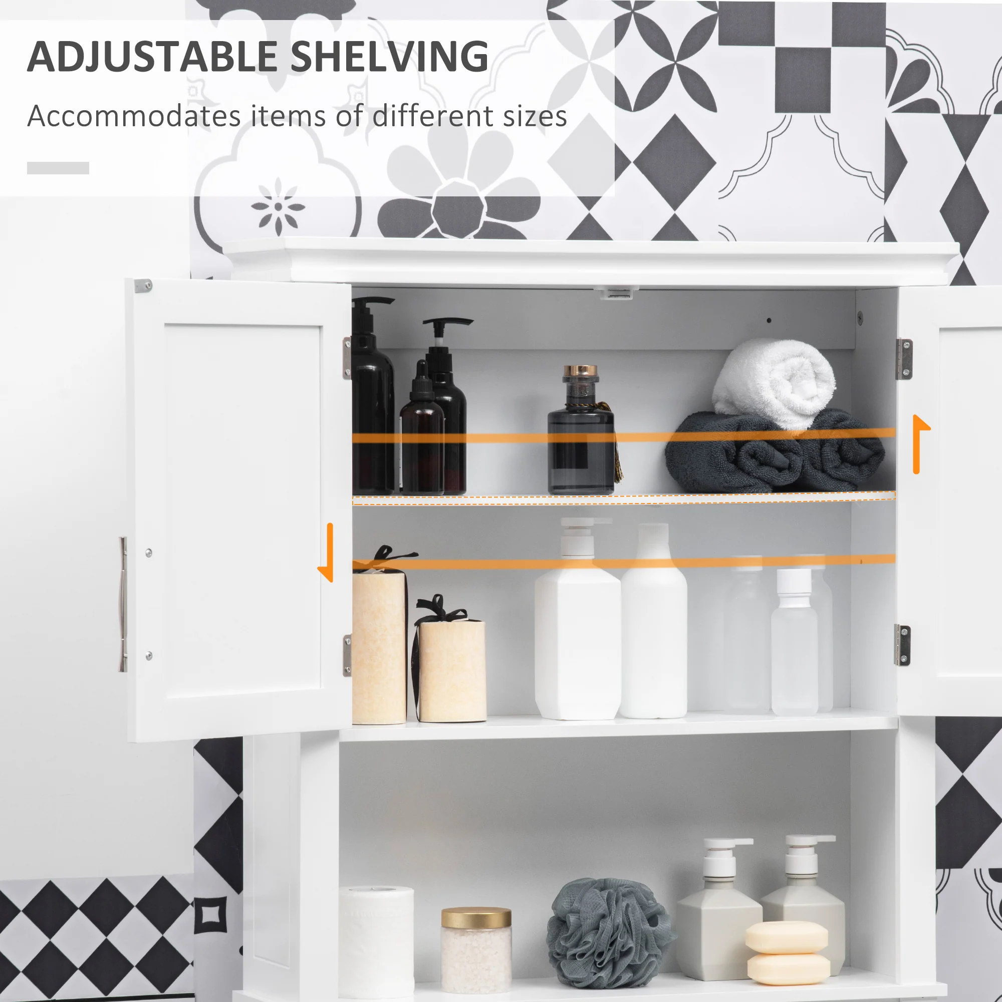 Above Toilet Storage Cabinet, Bathroom Organizer with Double Doors & Open Shelf, White - Image 8