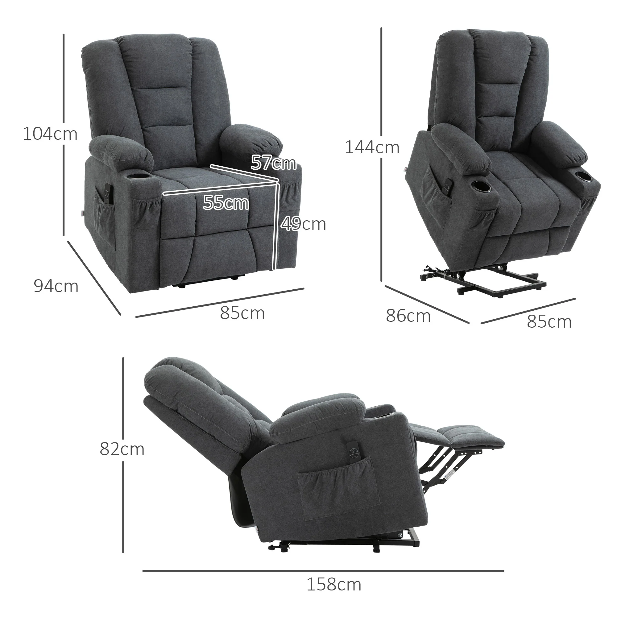 Oversized Riser and Recliner Chairs for Elderly, Fabric Upholstered Lift Chair, Charcoal Grey - Image 5