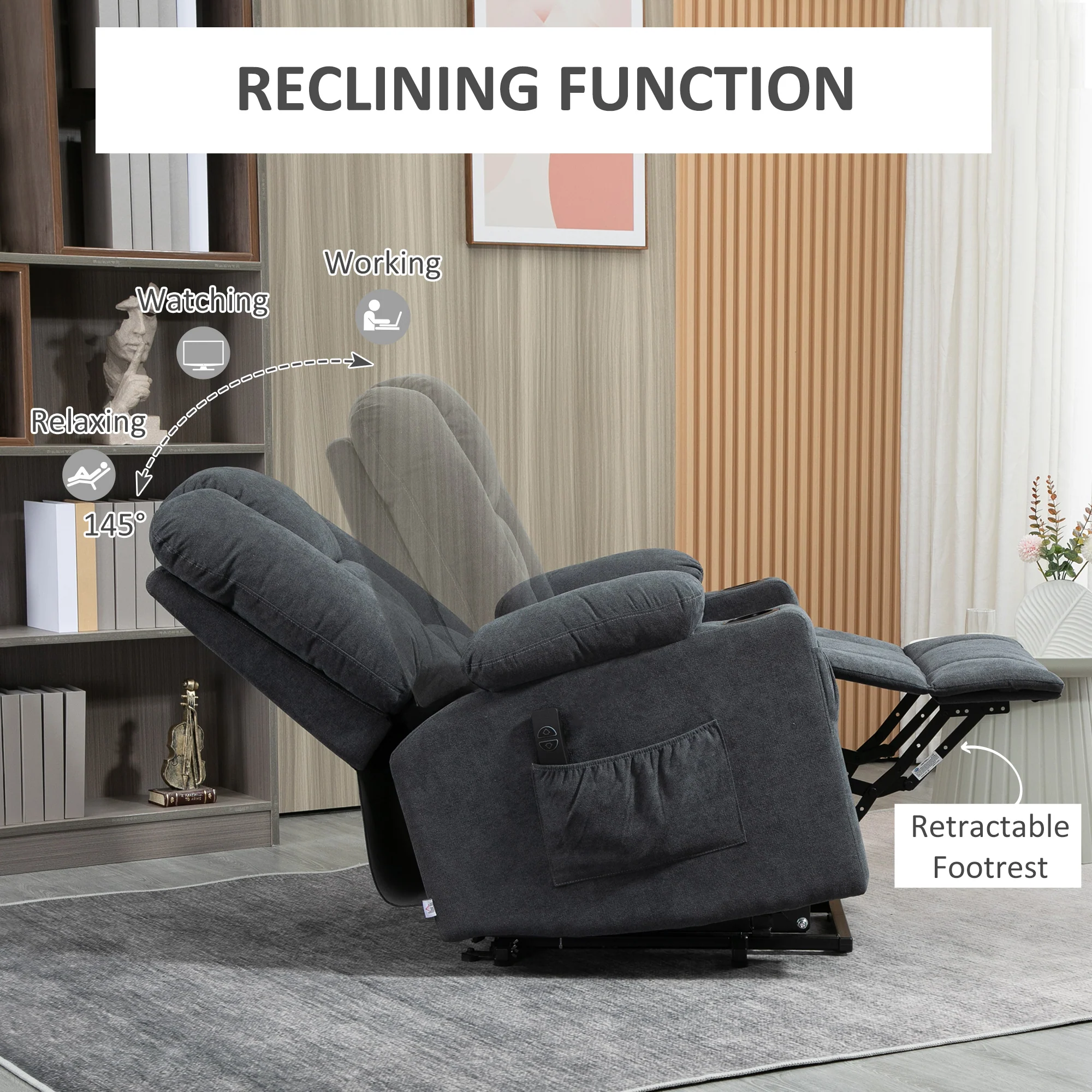 Oversized Riser and Recliner Chairs for Elderly, Fabric Upholstered Lift Chair, Charcoal Grey - Image 7