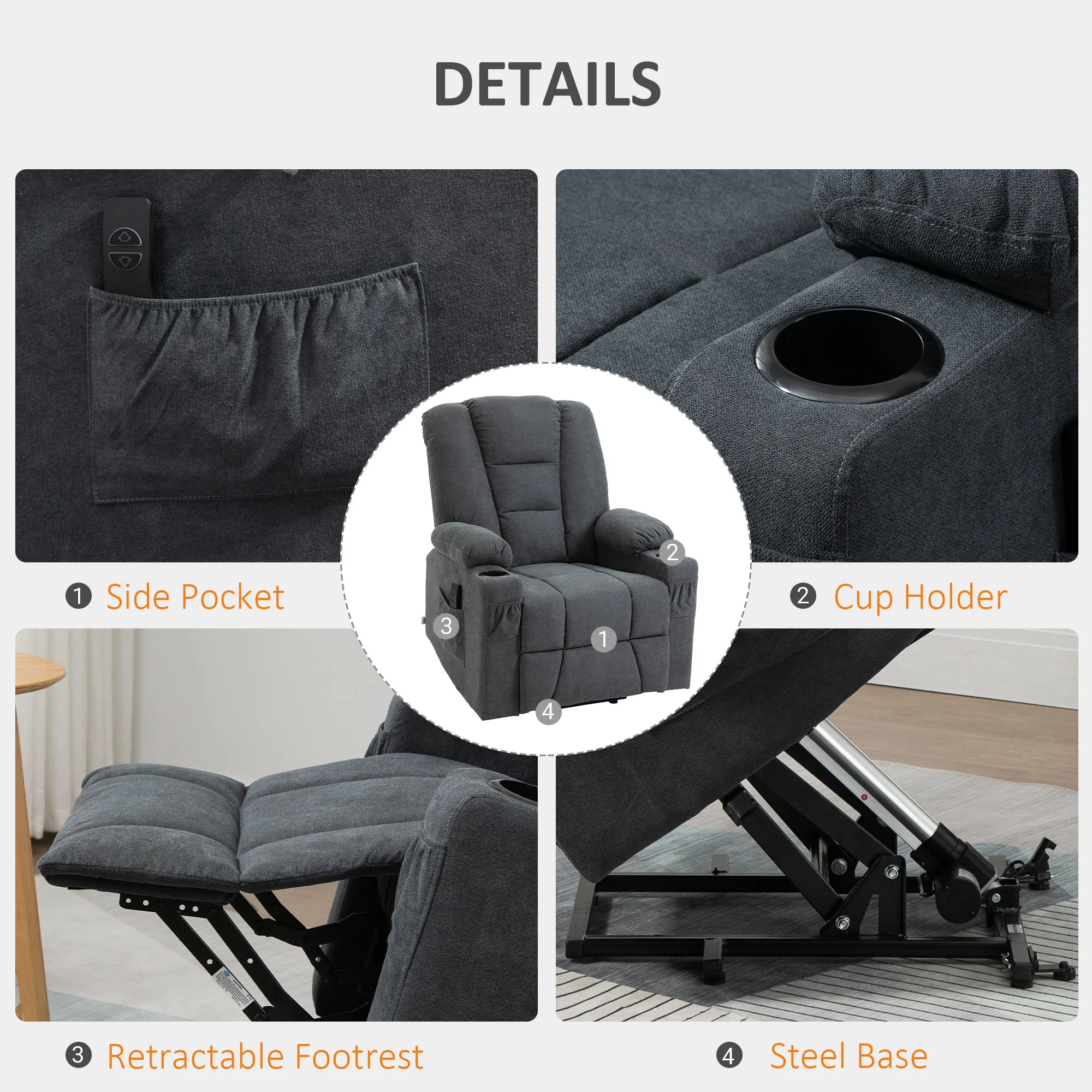 Oversized Riser and Recliner Chairs for Elderly, Fabric Upholstered Lift Chair, Charcoal Grey - Image 8