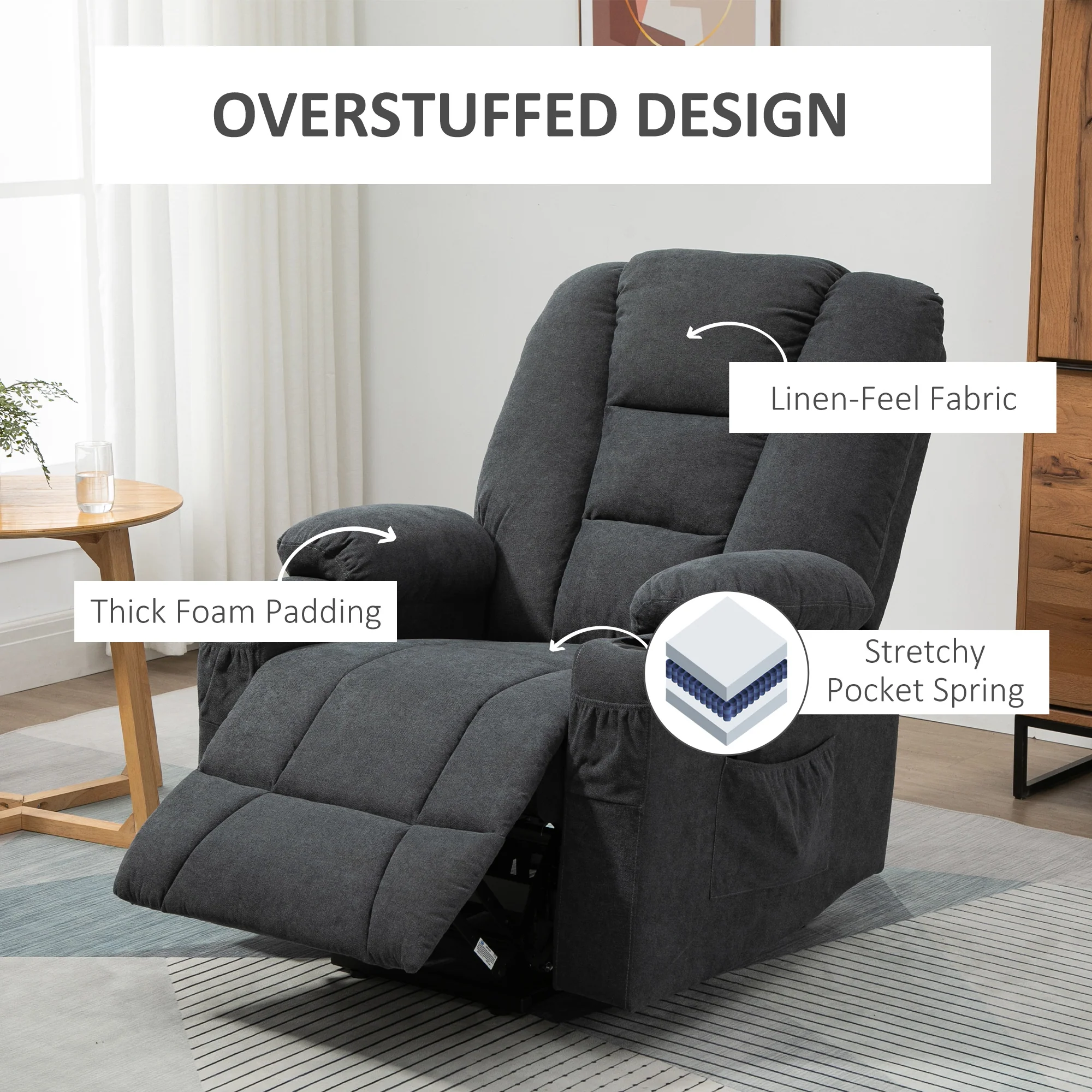 Oversized Riser and Recliner Chairs for Elderly, Fabric Upholstered Lift Chair, Charcoal Grey - Image 9