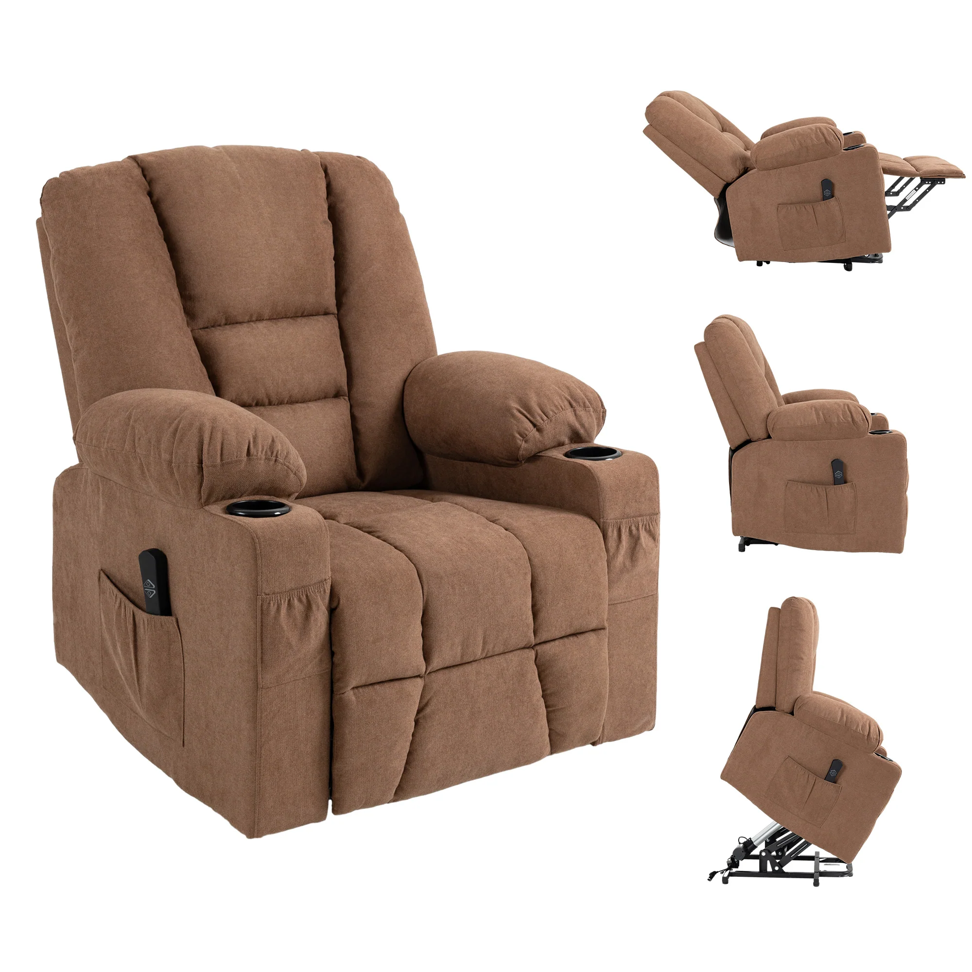 Oversized Riser and Recliner Chairs for the Elderly, Fabric Upholstered Lift Chair, Brown