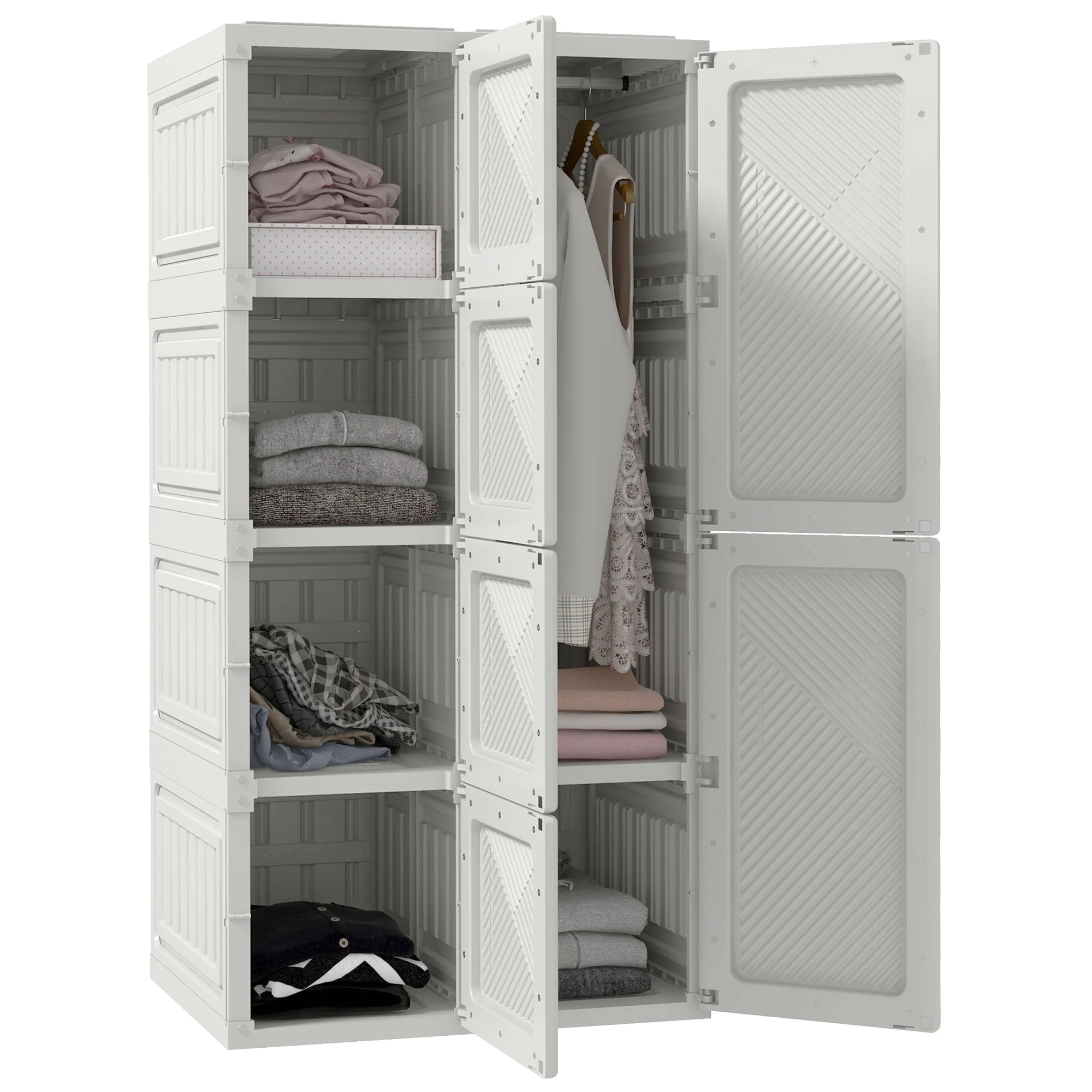 5-Cube Foldable Wardrobe, Portable Closet Cabinet with 2 Hanging Rods Magnet Doors, White