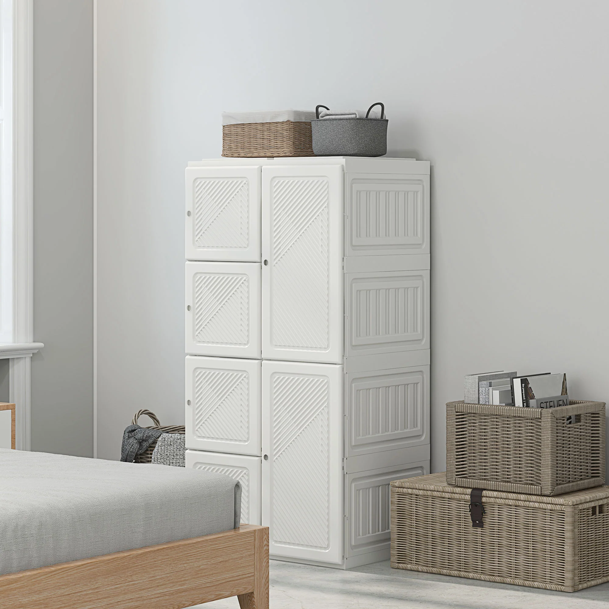 5-Cube Foldable Wardrobe, Portable Closet Cabinet with 2 Hanging Rods Magnet Doors, White - Image 4